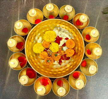Handmade Decorative Urli Bowl with 14 Tealight Holders - Perfect for Janmashtami, Featuring Laddu Gopal Dress, Kanha Ji Poshak, and Bal Gopal Dress