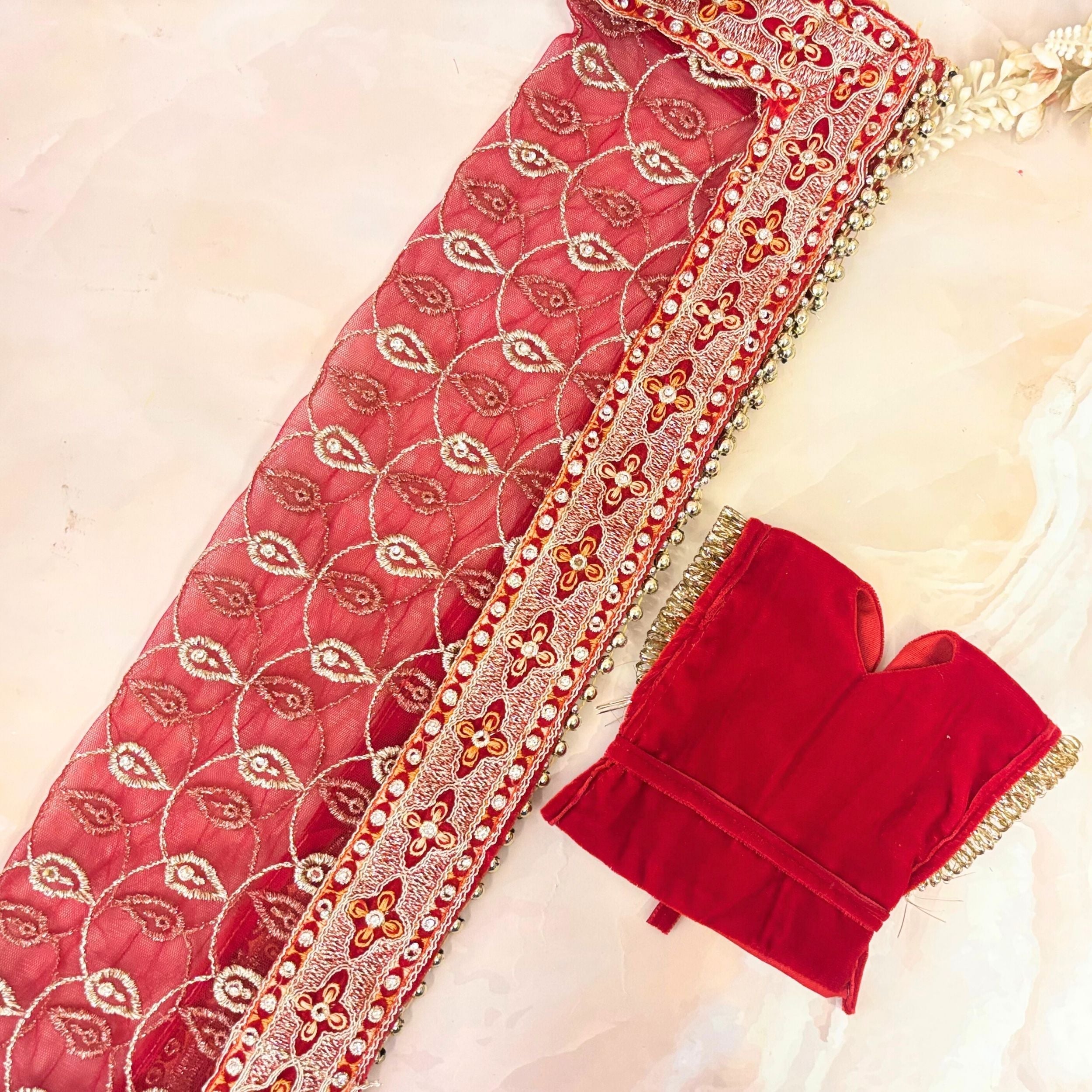 Handmade Sindūrāmbarā Mata Rani Dress - Designer Laddu Gopal Dress, Fancy Kanha Ji Poshak for Janmashtami, Bal Gopal & Krishna Ji Dress