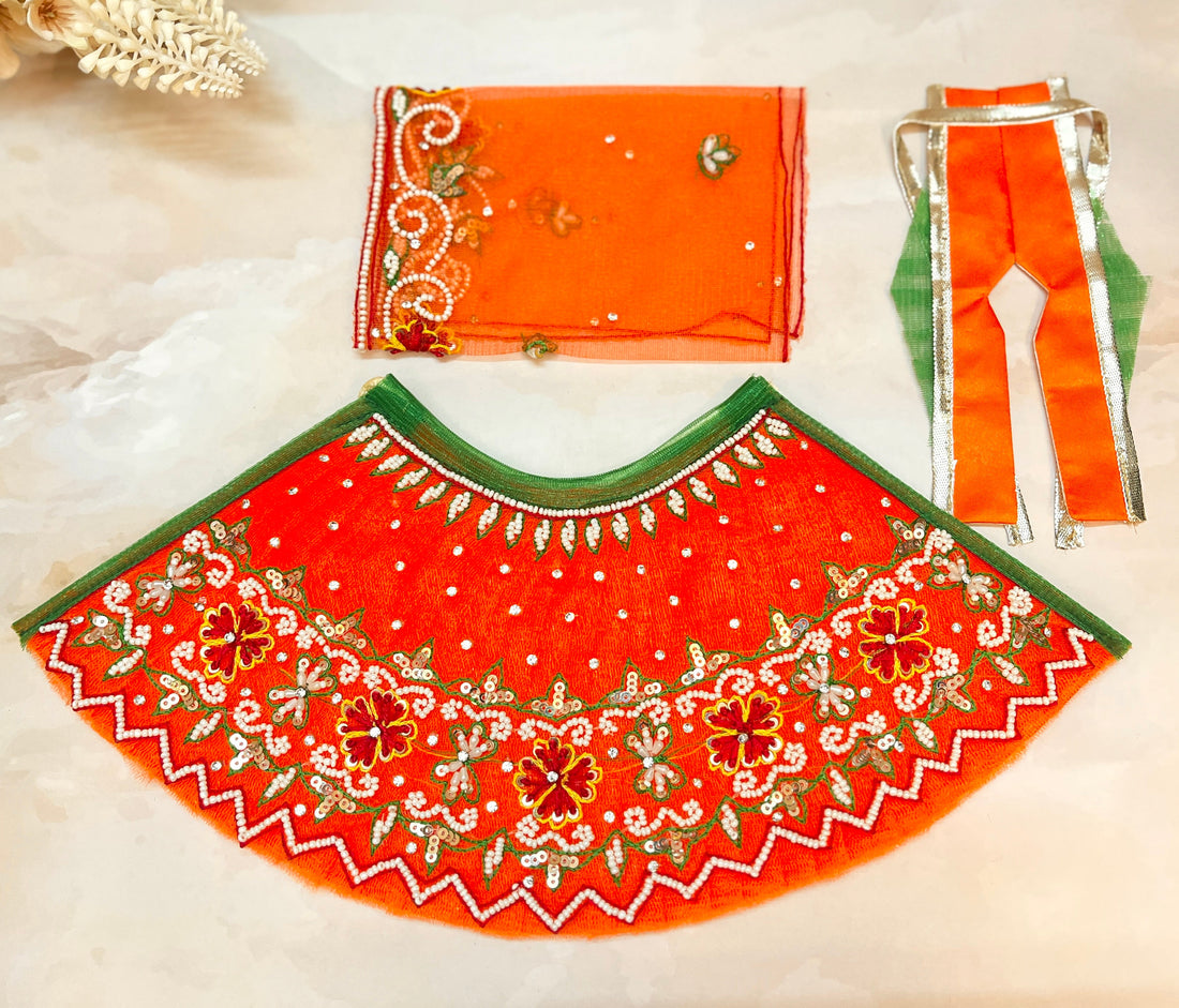 Handmade Luxe Mata Rani Kesari Pearl Lehenga Set - Designer 3-Piece Dress for Laddu Gopal, Kanha Ji, Bal Gopal & Krishna Ji - Perfect for Janmashtami Festival