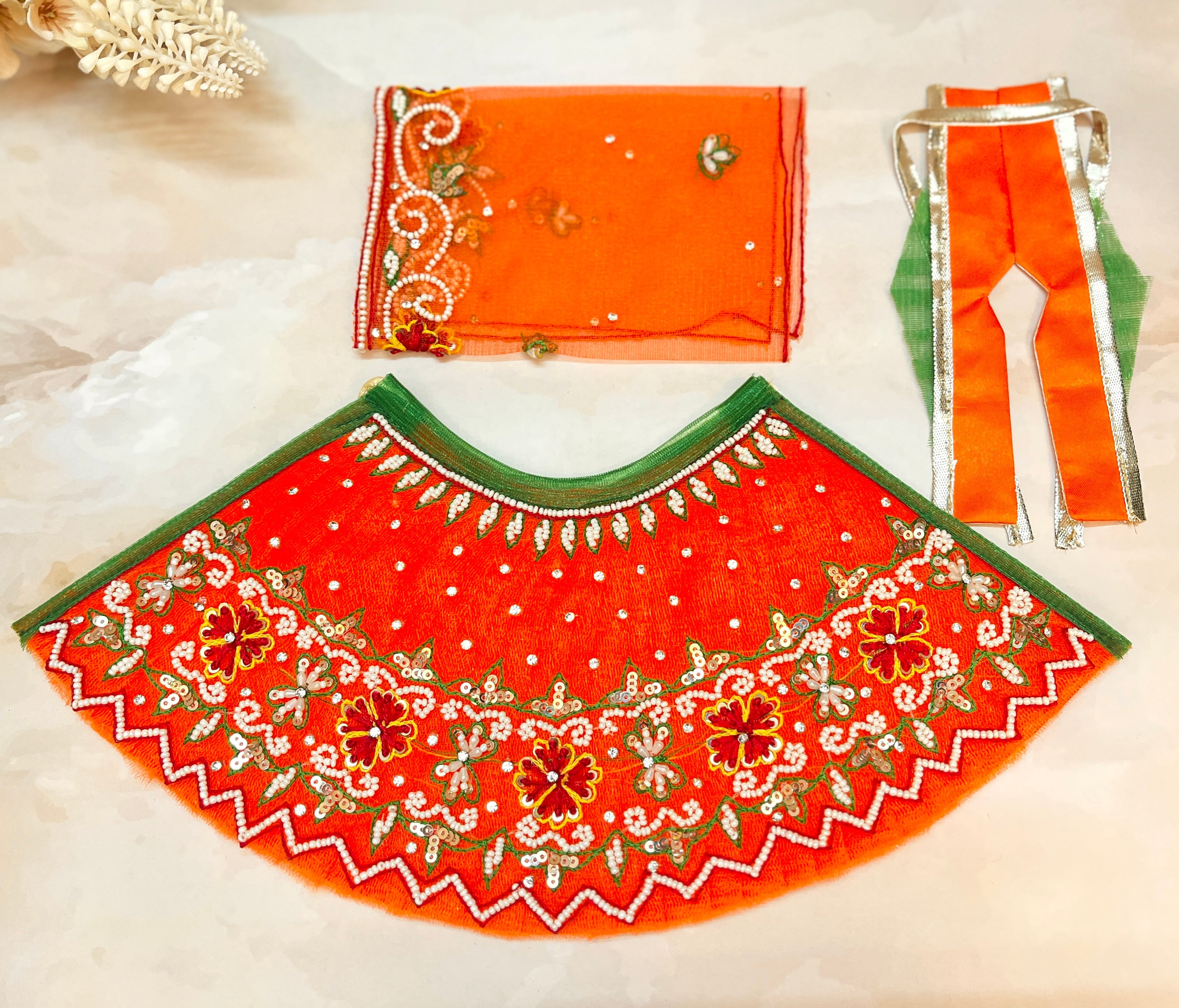 Handmade Luxe Mata Rani Kesari Pearl Lehenga Set - Designer 3-Piece Dress for Laddu Gopal, Kanha Ji, Bal Gopal & Krishna Ji - Perfect for Janmashtami Festival