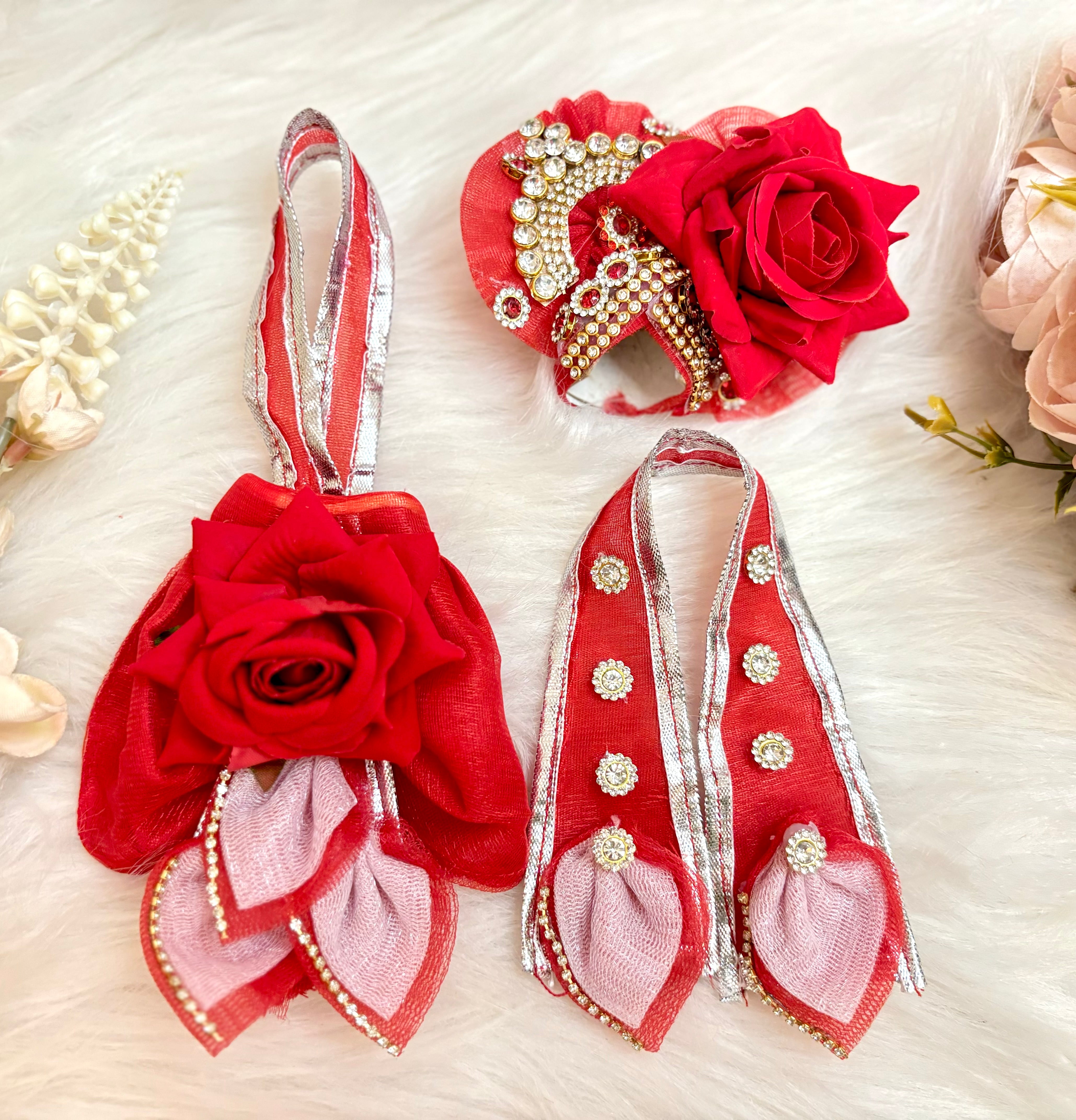 Handmade 7-Piece Red Rose Lehenga & Dhoti Set for Laddu Gopal | Designer Kanha Ji Poshak & Bal Gopal Dress for Janmashtami Festival