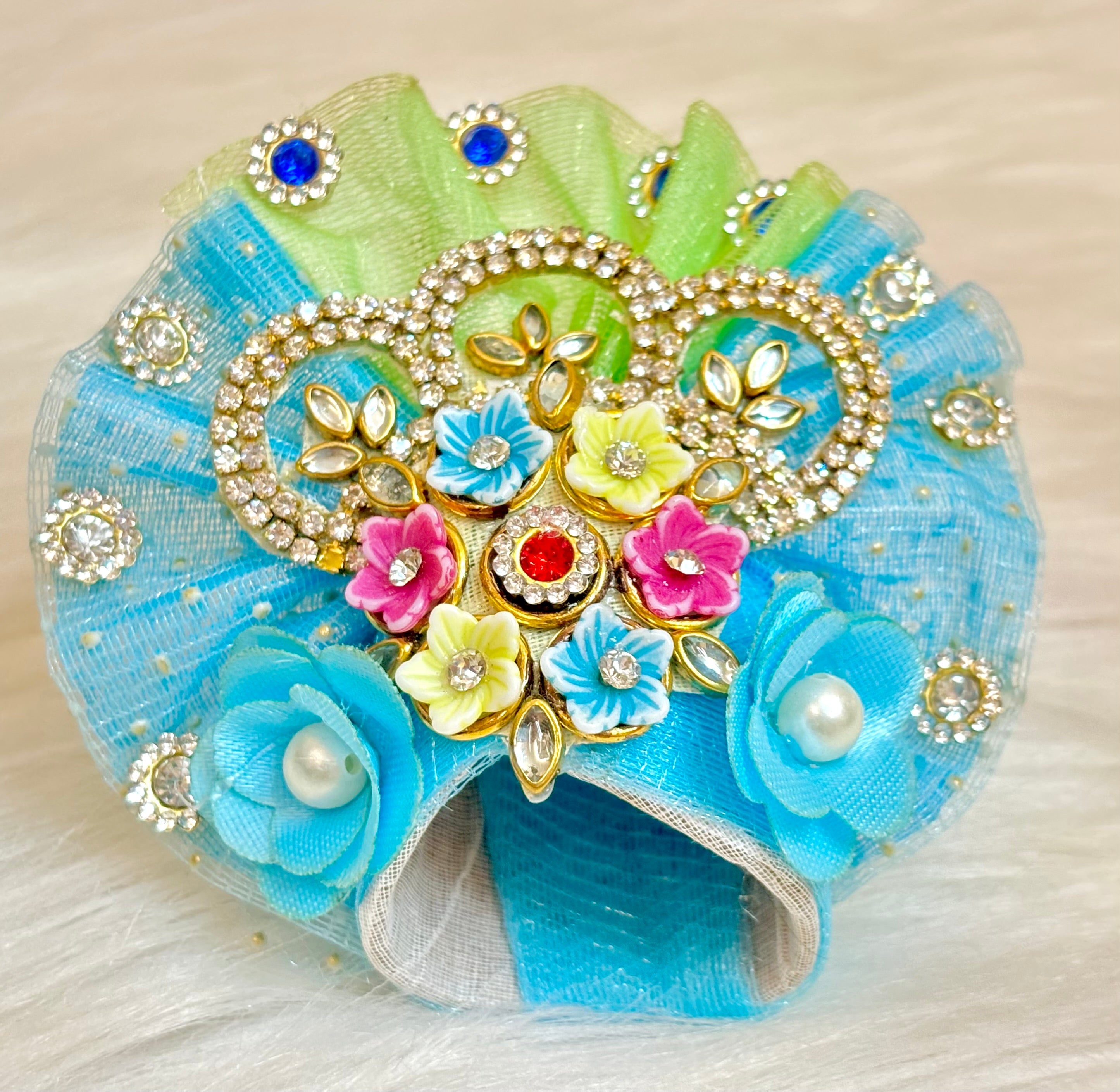 Handmade Sky Blue Pearl Hand Embroidered Laddu Gopal Dress - 4 Piece Designer Poshak Set for Janmashtami, Kanha Ji, Bal Gopal & Krishna Ji