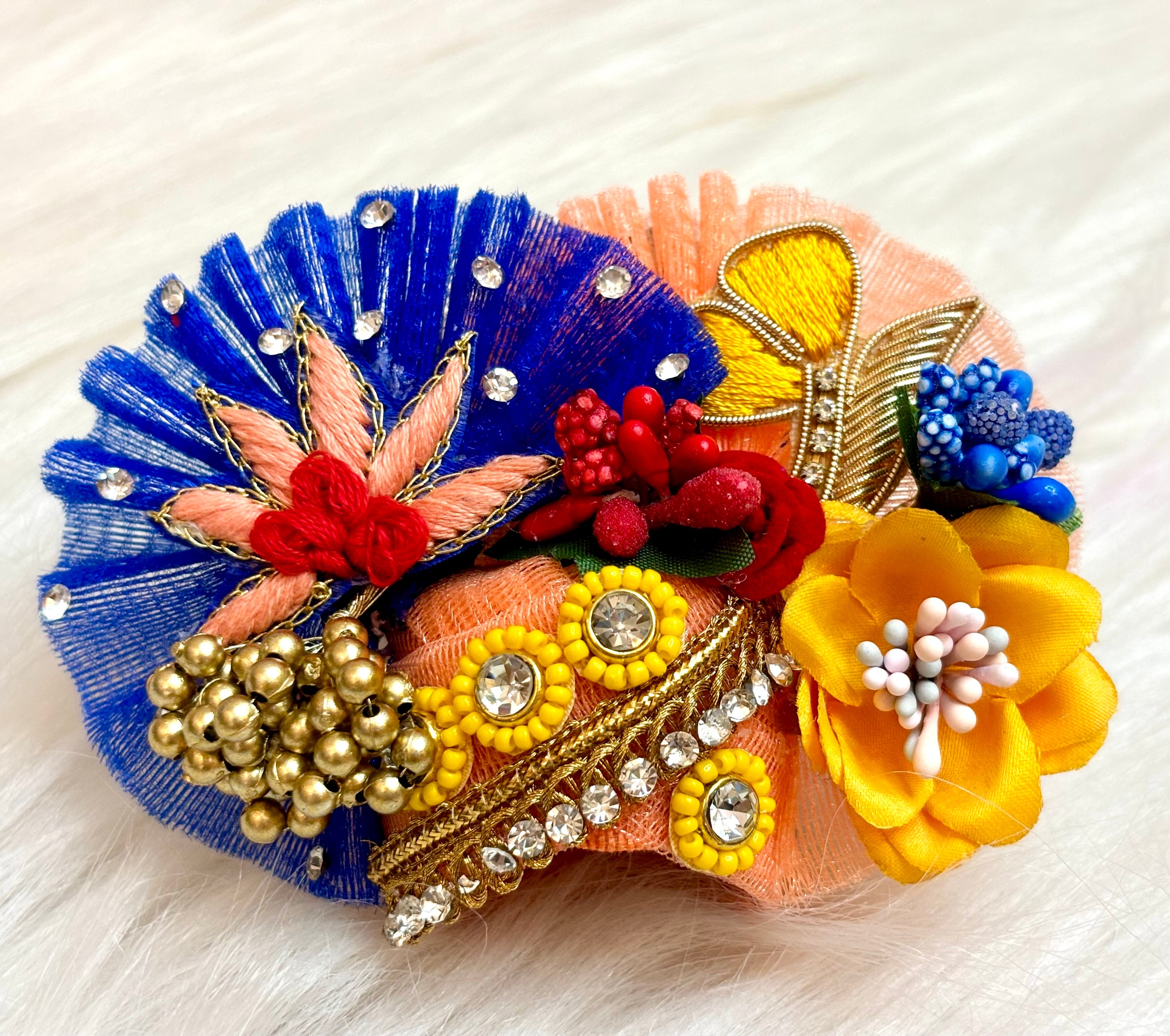 Handmade Luxe Haathi Godha Palki Blue & Peach Designer Laddu Gopal Dress Set - Fancy Kanha Ji Poshak for Janmashtami Celebration (4 Pieces)