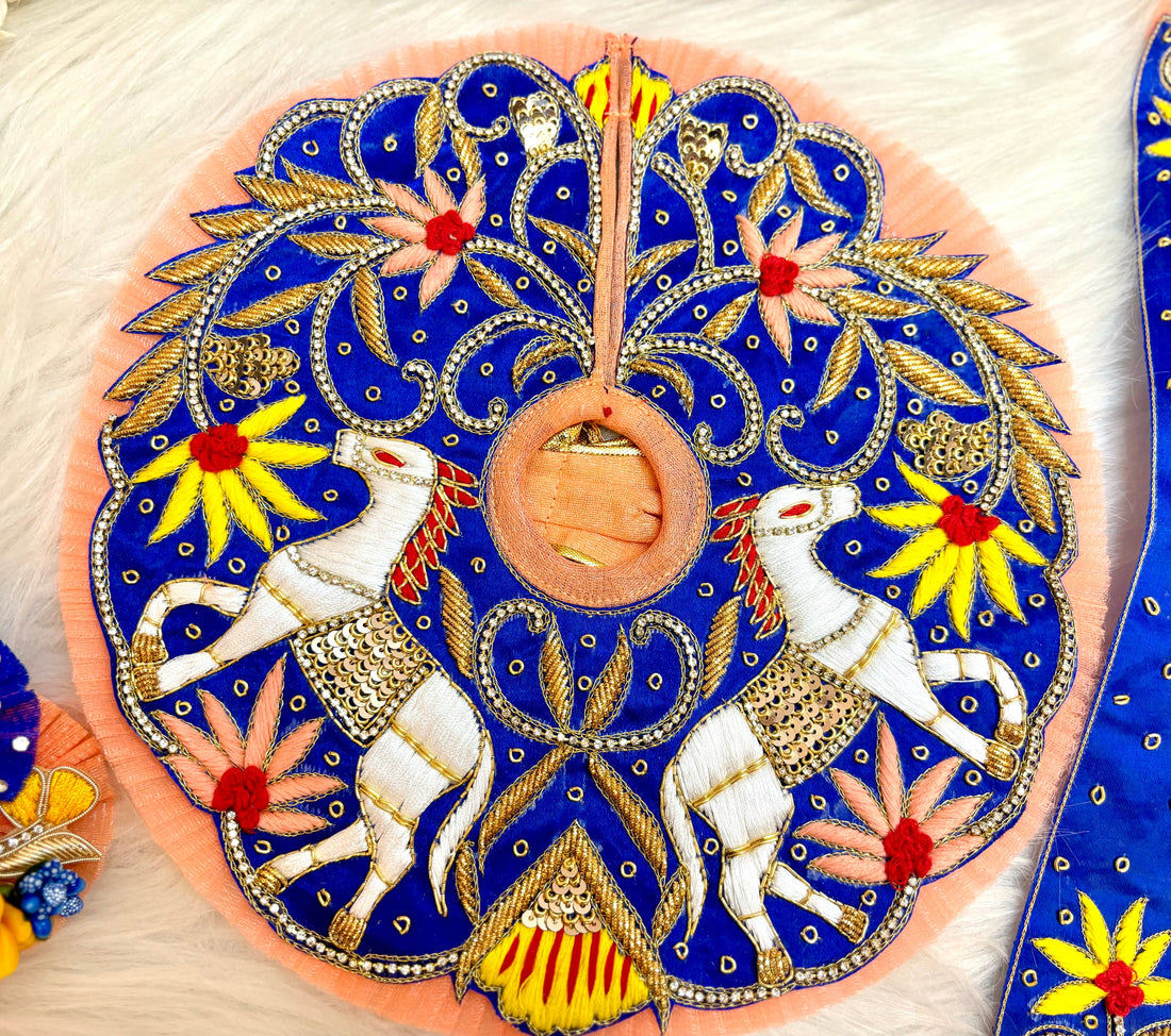 Handmade Luxe Haathi Godha Palki Blue & Peach Designer Laddu Gopal Dress Set - Fancy Kanha Ji Poshak for Janmashtami & Festivals (4 Pieces)