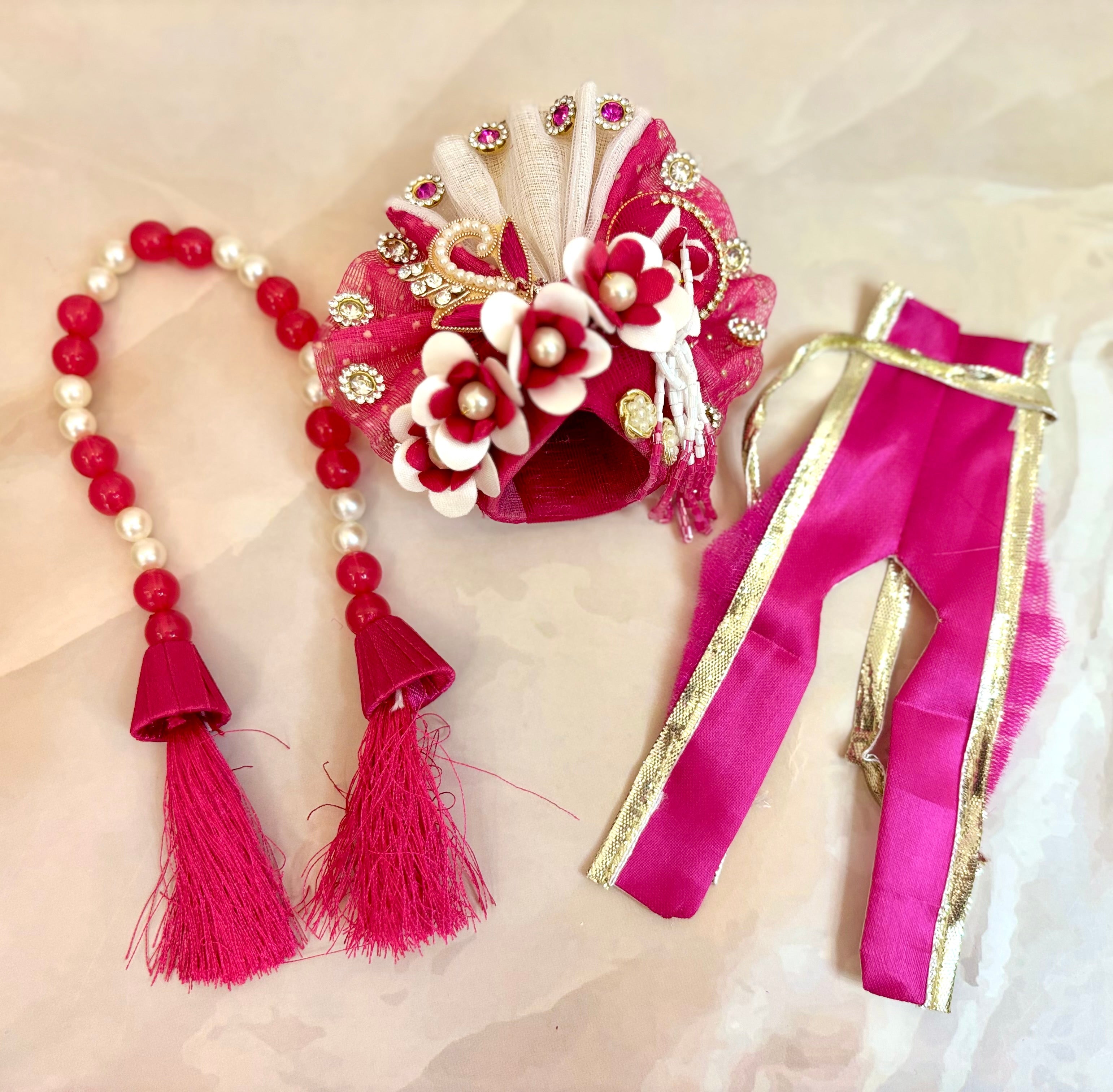 Handmade Luxe Magenta Pearl Laddu Gopal Dress Set - 4 Piece Designer Poshak for Kanha Ji & Bal Gopal | Perfect for Janmashtami Celebrations