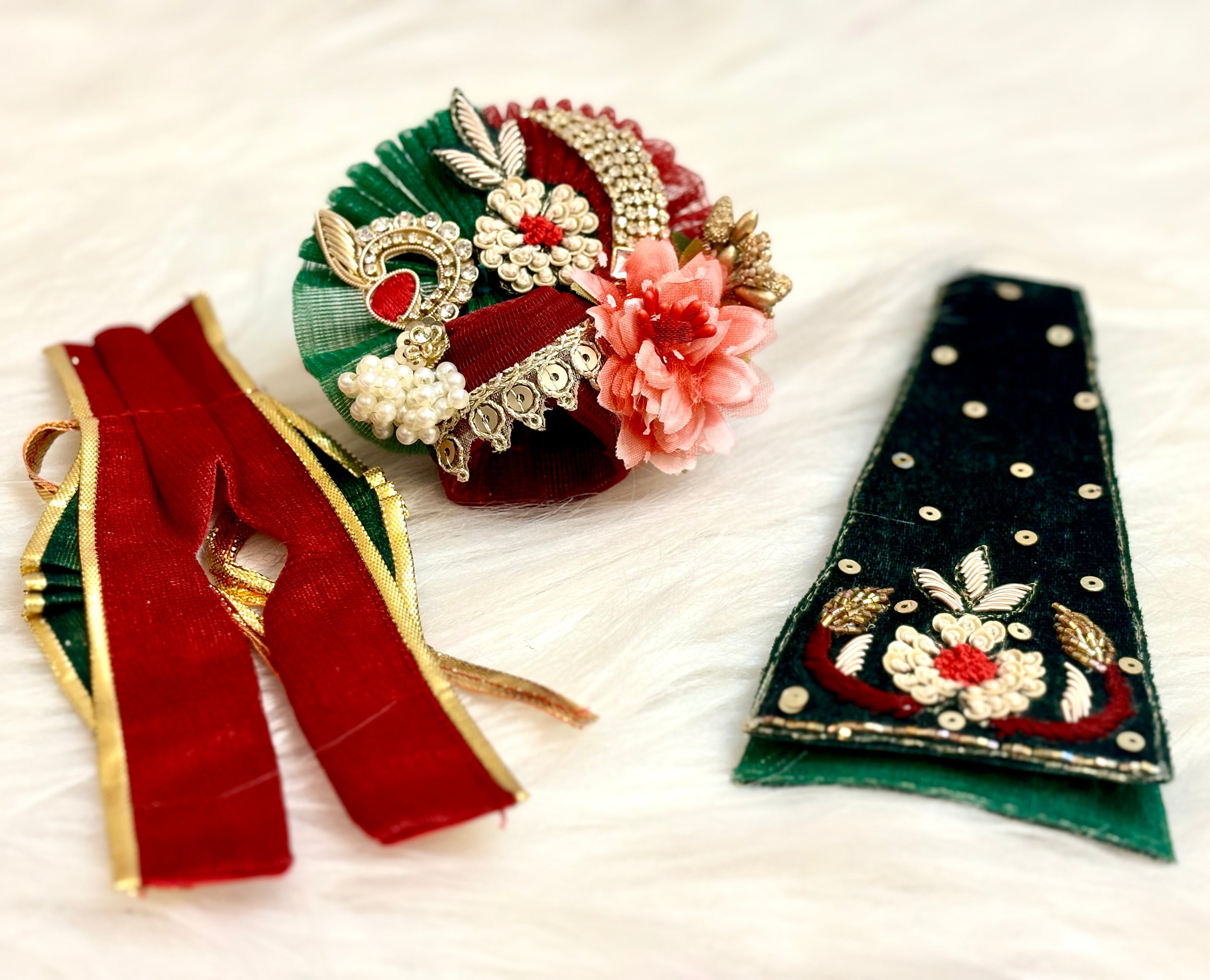 Handmade Luxe Maroon & Bottle Green Velvet Laddu Gopal Dress Set - Designer Kanha Ji Poshak for Janmashtami & Festivals (4 Pieces)