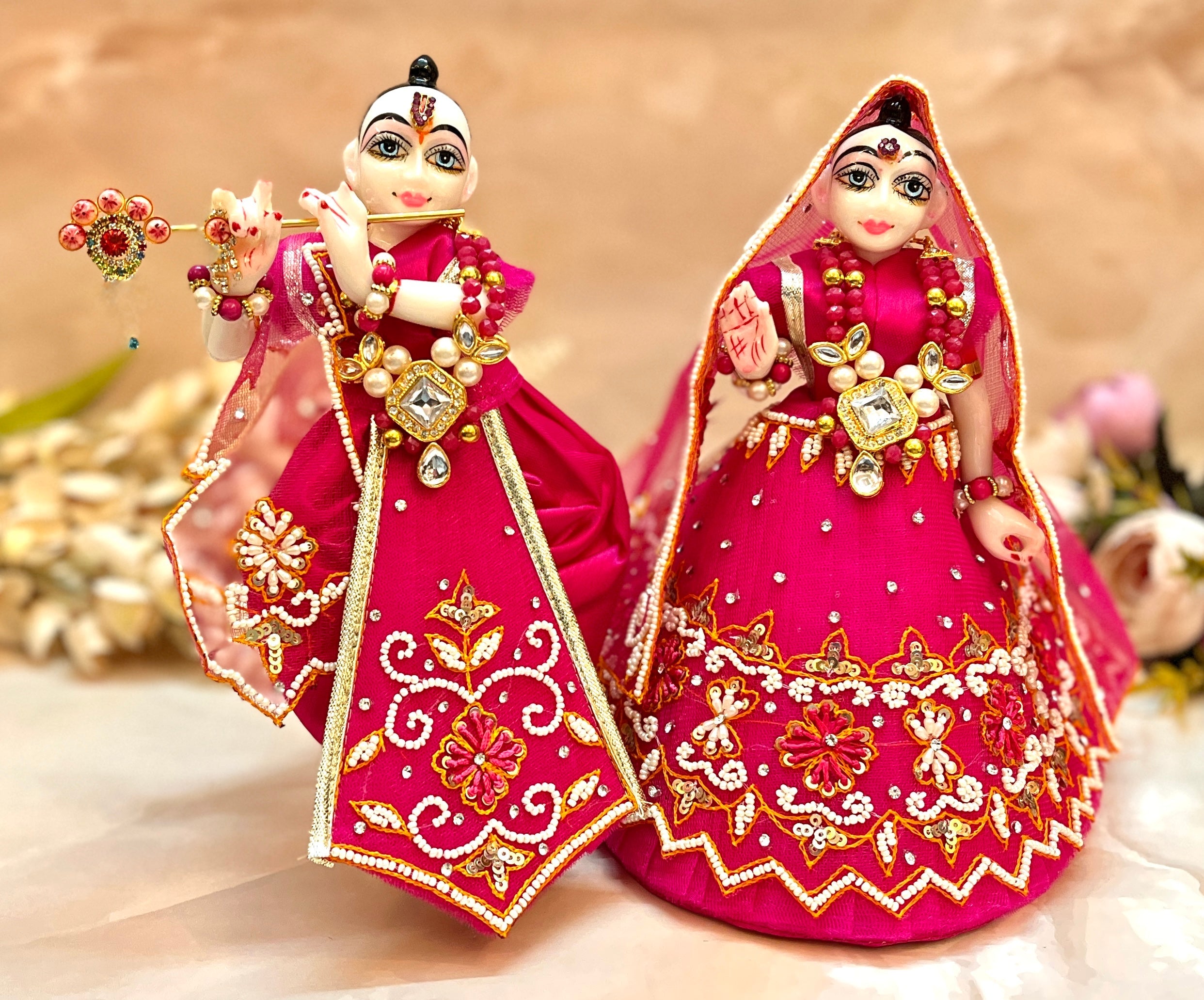 Handmade Luxe Magenta Pearl Lehenga & Dhoti Set - 6 Piece Designer Dress for Laddu Gopal, Kanha Ji, Bal Gopal & Krishna Ji - Perfect for Janmashtami Festival