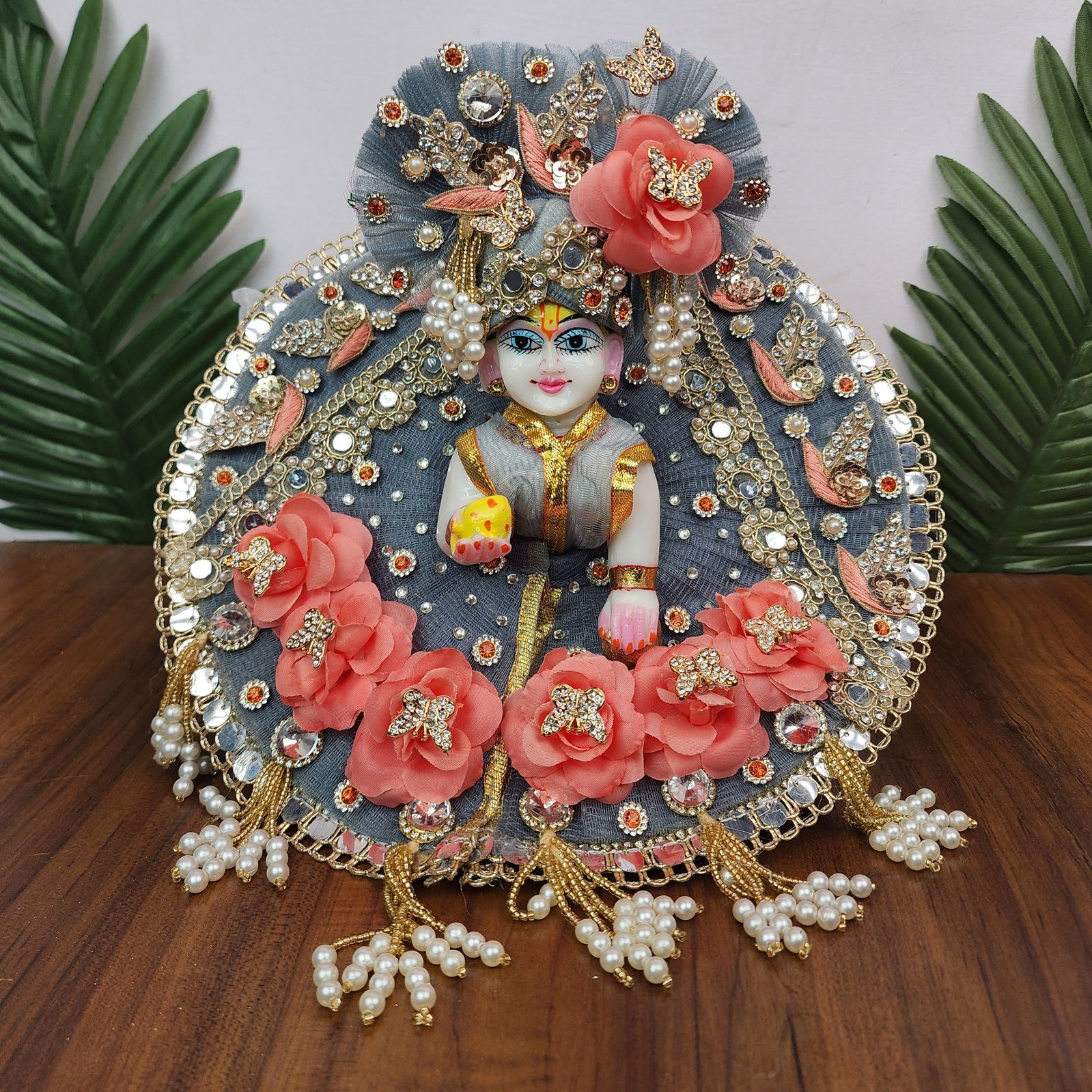 Handmade Grey Heavy Dress for Laddu Gopal Ji with Pagdi | Designer Kanha Ji Poshak | Fancy Bal Gopal Dress for Janmashtami Celebrations