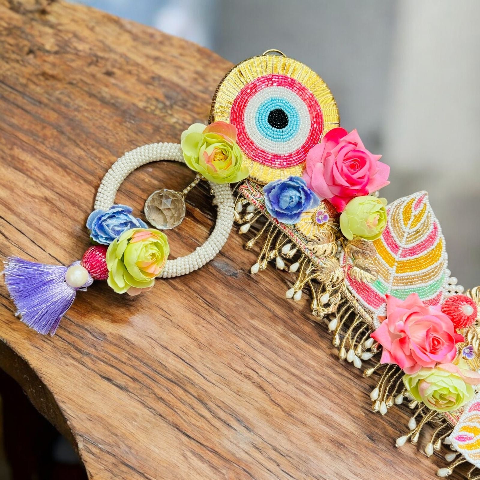 Handmade Luxe Pink Evil Eye Toran with Pearls - Perfect for Laddu Gopal Dress, Kanha Ji Poshak, Bal Gopal Dress & Janmashtami Celebrations