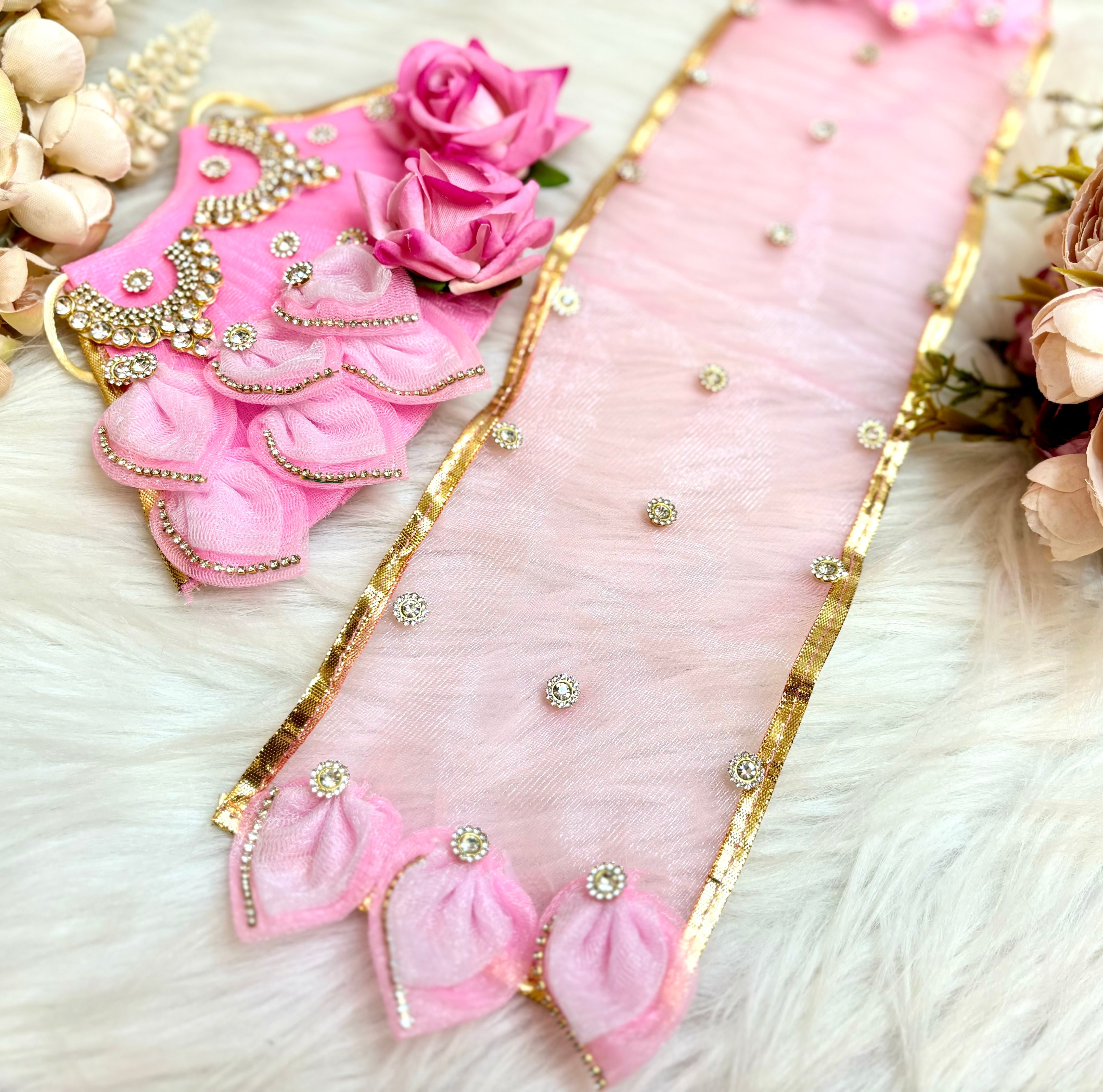 Handmade Mata Rani Pink Rose Lehenga Set - Designer Choli & Dupatta for Laddu Gopal Dress, Kanha Ji Poshak, Bal Gopal Dress for Janmashtami Festival