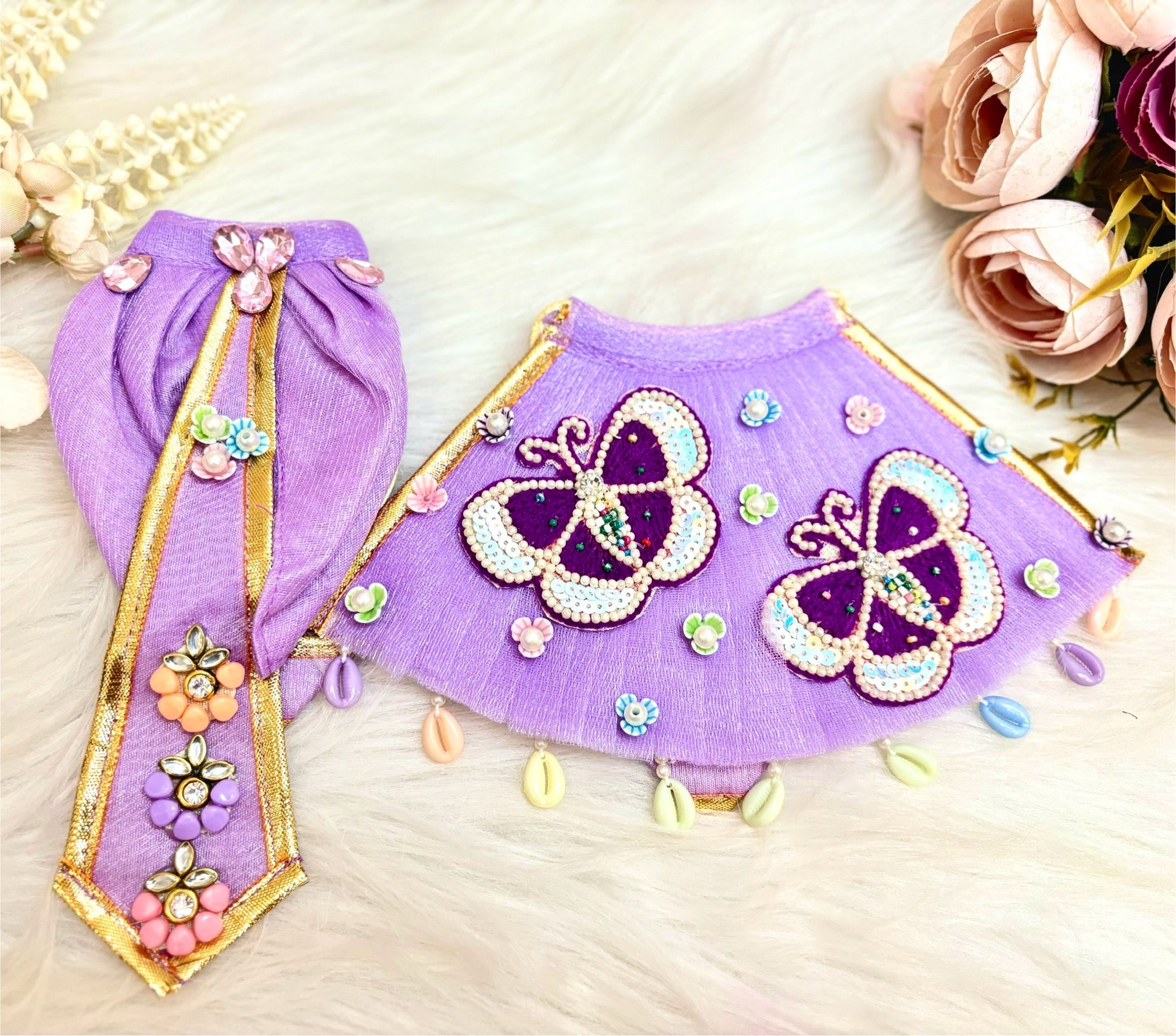 Handmade Designer Purple Butterfly Lehenga & Dhoti Set for Laddu Gopal | Fancy Kanha Ji Poshak | Bal Gopal & Krishna Ji Dress - 6 Piece Festival Outfit