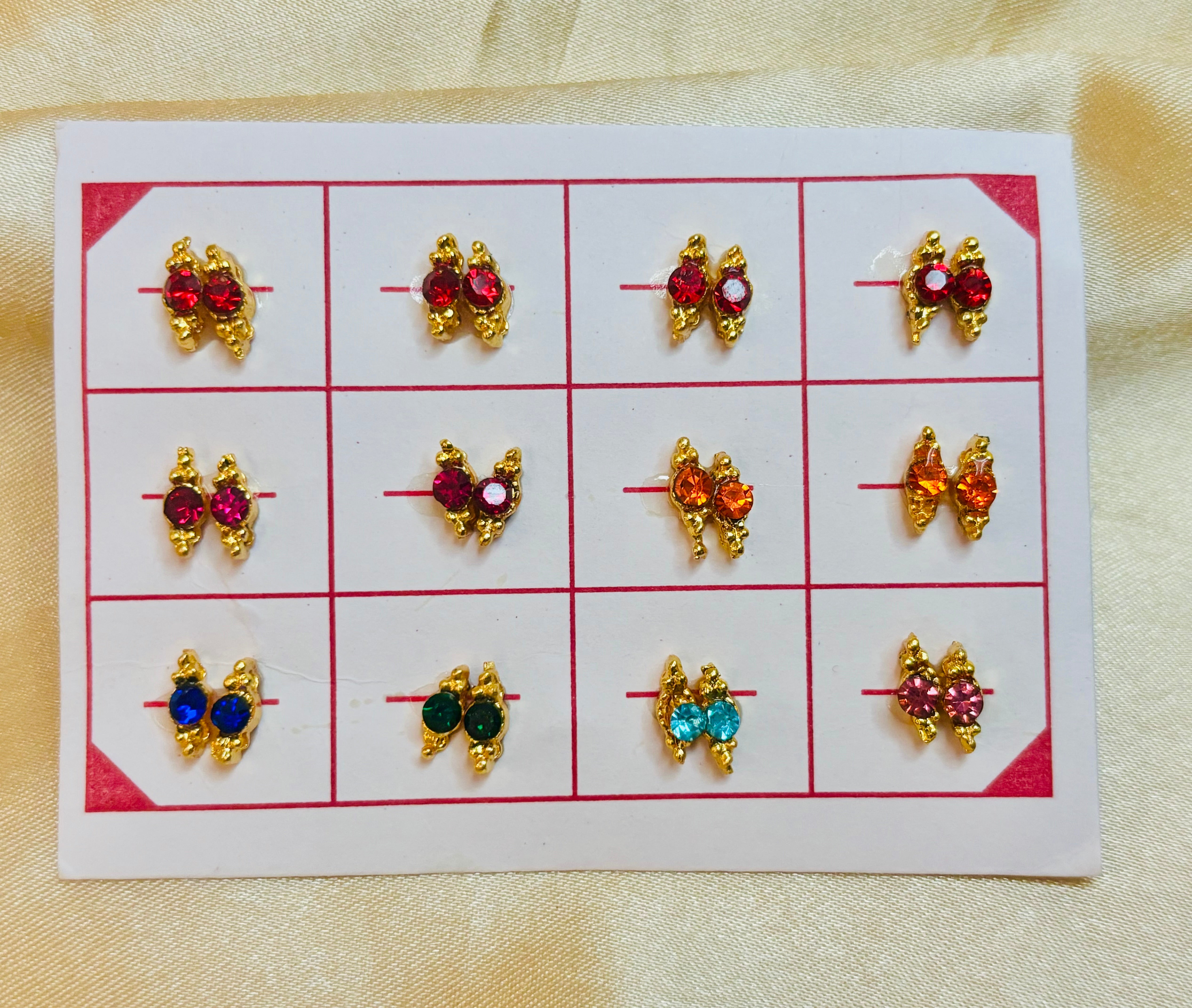 Handmade Small Stone Sticky Earrings for Laddu Gopal Ji - Pack of 12 Pairs | Perfect for Janmashtami, Bal Gopal Dress & Krishna Ji Poshak