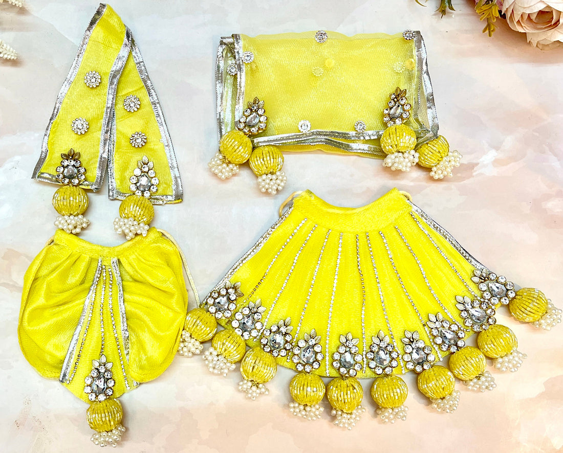 Handmade Yellow Lehenga & Dhoti Set for Laddu Gopal | Designer Kanha Ji Poshak | 7-Piece Bal Gopal Dress for Janmashtami Festival