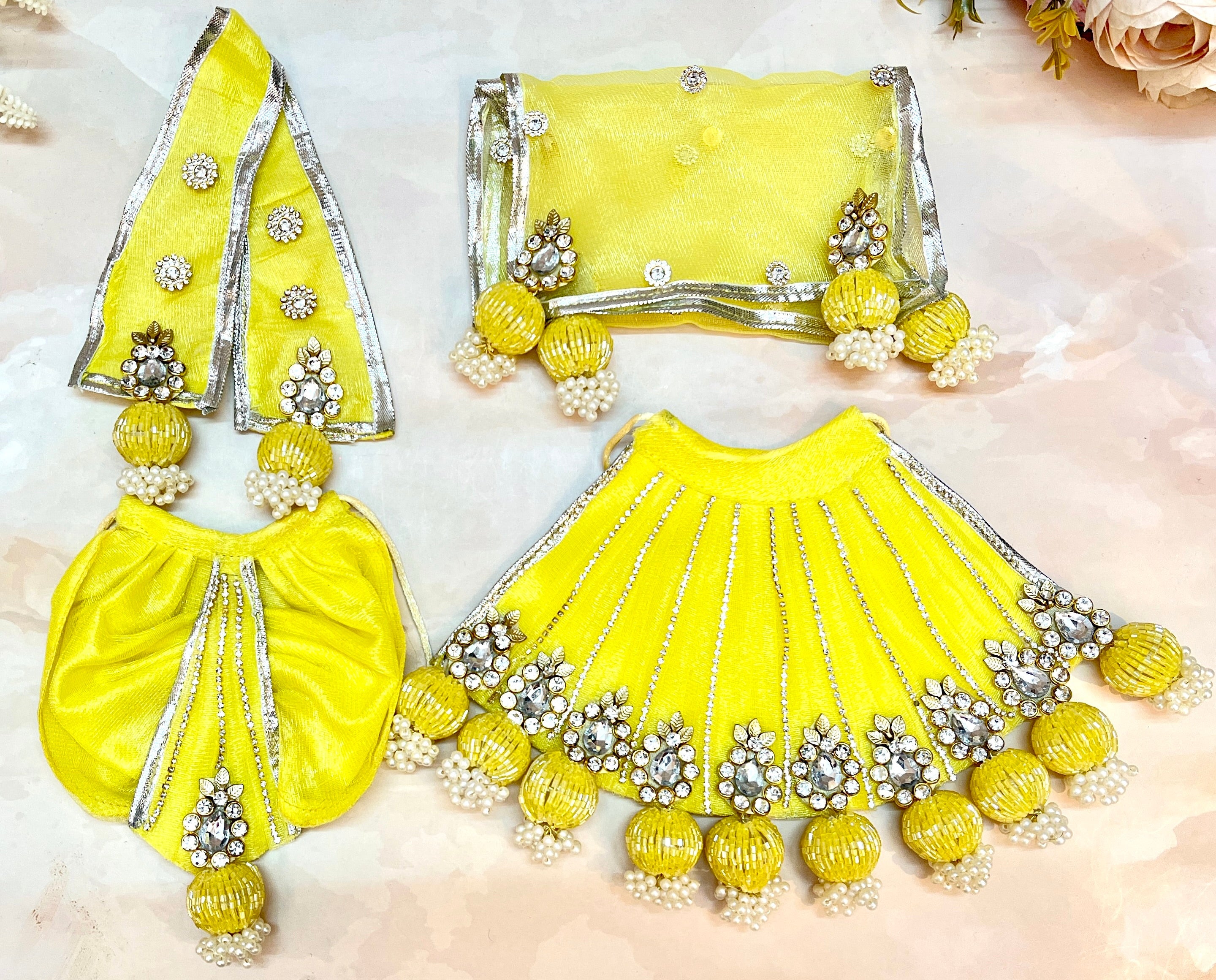 Handmade Yellow Lehenga & Dhoti Set for Laddu Gopal | Designer Kanha Ji Poshak | 7-Piece Bal Gopal Dress for Janmashtami Festival