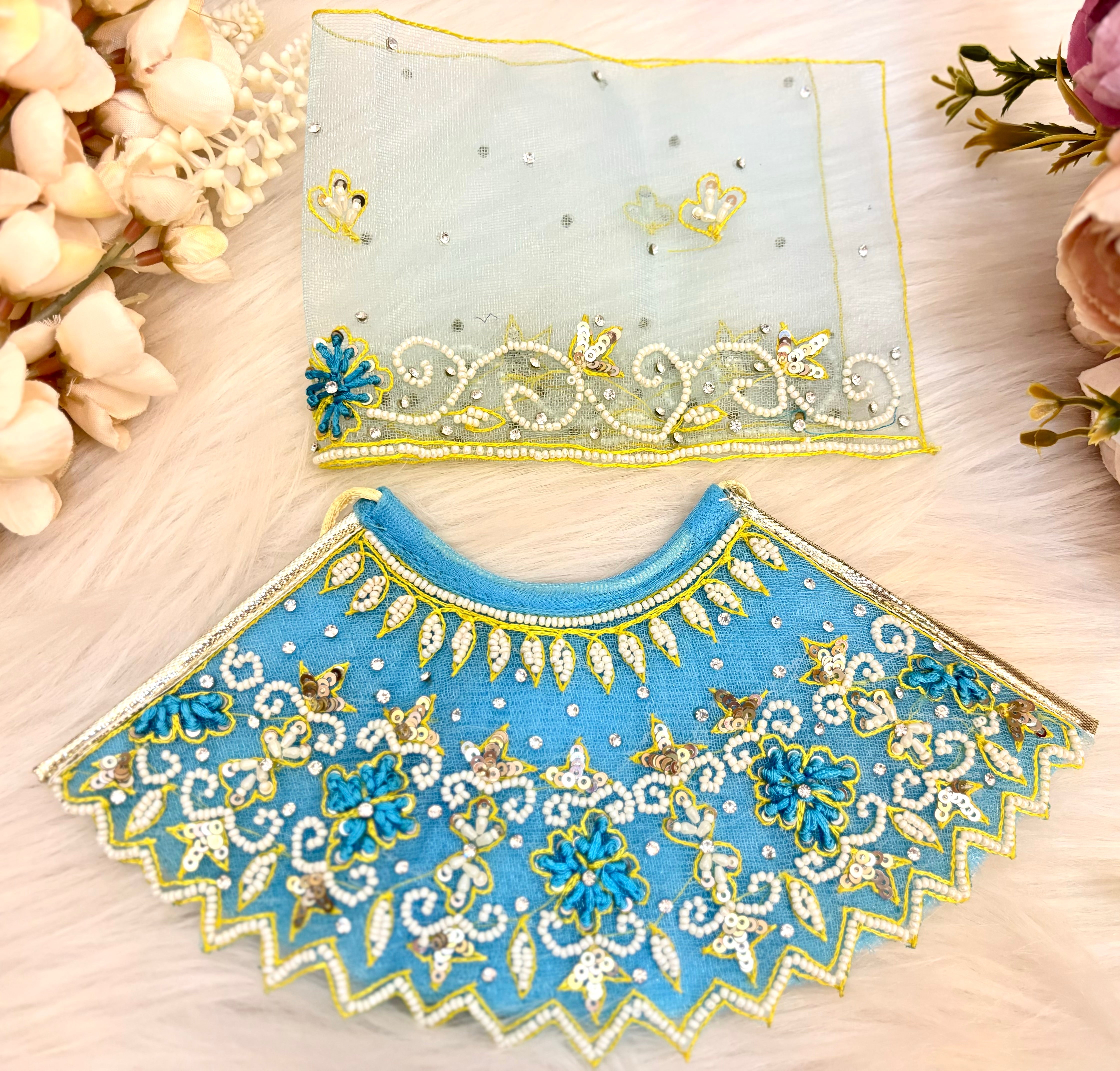 Luxe Handmade Sky Blue Pearl Lehenga Set - Designer Choli & Dupatta for Laddu Gopal Dress, Kanha Ji Poshak, Bal Gopal Dress, Janmashtami Festival