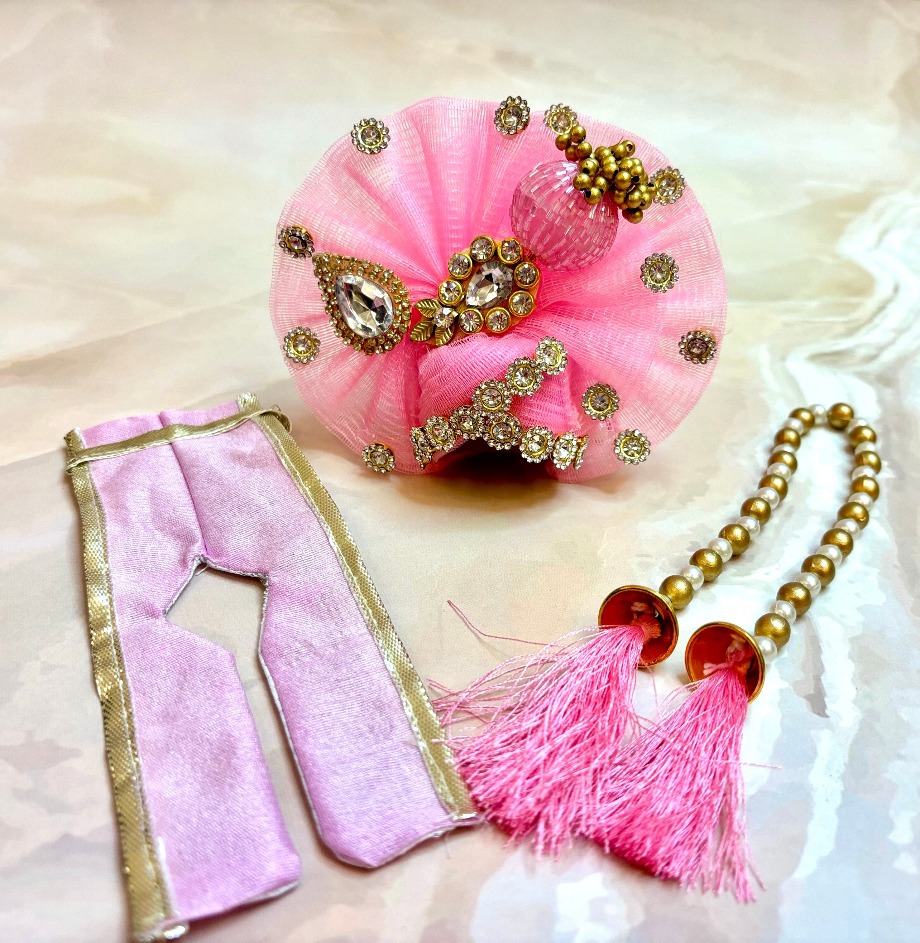 Handmade Light Pink Laddu Gopal Dress Set - 4 Piece Designer Poshak for Kanha Ji, Bal Gopal & Krishna Ji - Perfect for Janmashtami Festival