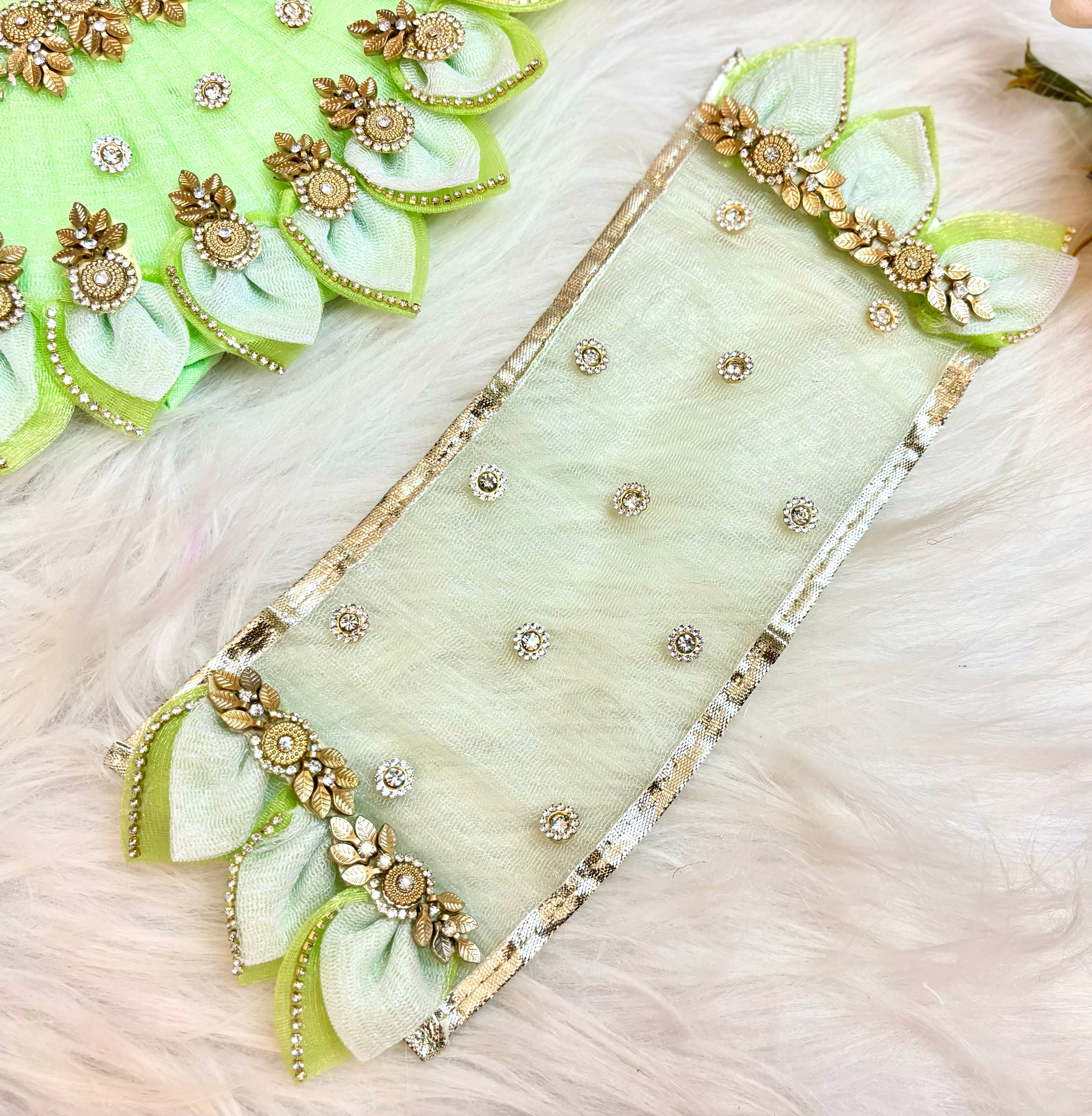 Handmade Mata Rani Pista Green Leaf Lehenga Set - 3 Piece Choli & Dupatta for Laddu Gopal, Kanha Ji, Bal Gopal & Krishna Ji Dress - Perfect for Janmashtami Festival