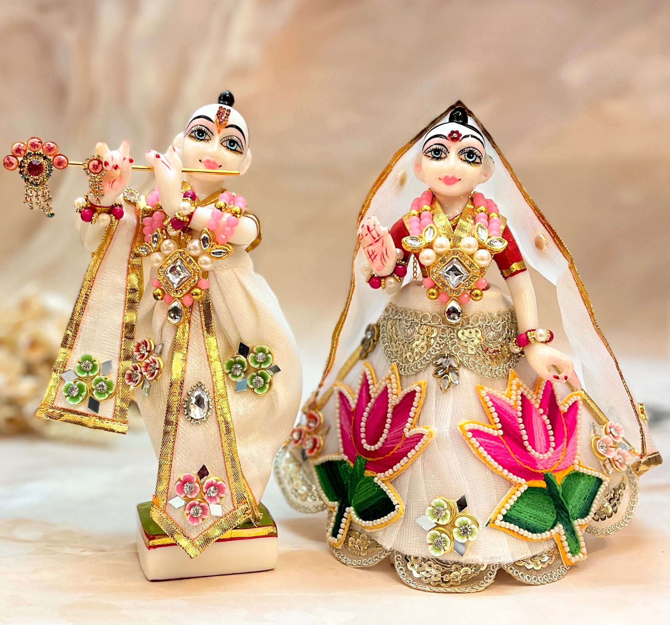 Handmade Designer White & Pink Lotus Lehenga & Dhoti Set for Laddu Gopal, Kanha Ji, Bal Gopal - 6 Piece Fancy Dress for Janmashtami Festival
