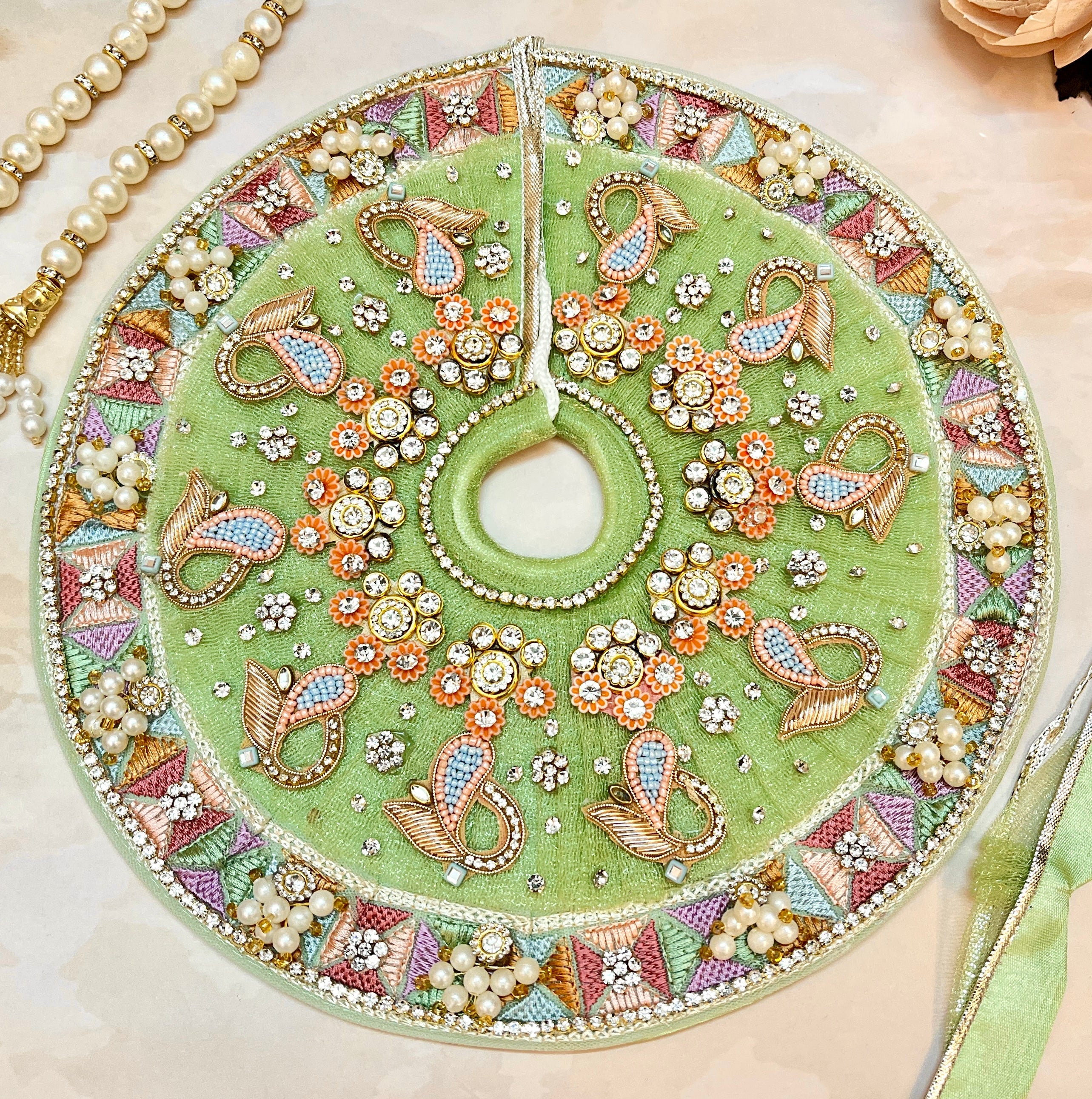 Handmade Green Hari Mukhi Roop Laddu Gopal Dress - Designer Kanha Ji Poshak with Free Patka & Necklace | Perfect for Janmashtami & Festivals