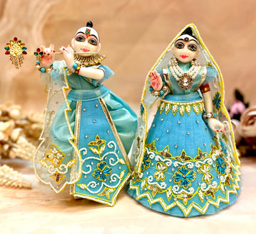 Handmade Sky Blue Pearl Lehenga & Dhoti Set - 6 Piece Designer Laddu Gopal Dress for Janmashtami | Kanha Ji Poshak & Bal Gopal Dress