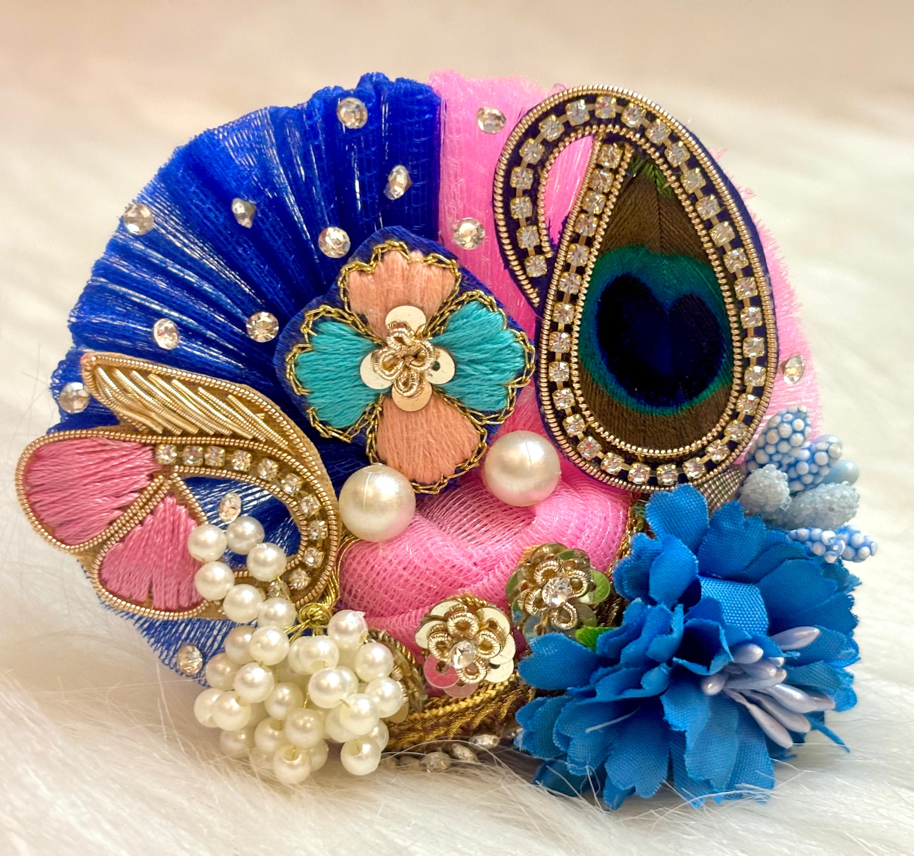 Luxe Handmade Blue & Pink Peacock Hand Embroidered Laddu Gopal Dress - 4 Piece Designer Poshak Set for Janmashtami, Bal Gopal & Krishna Ji