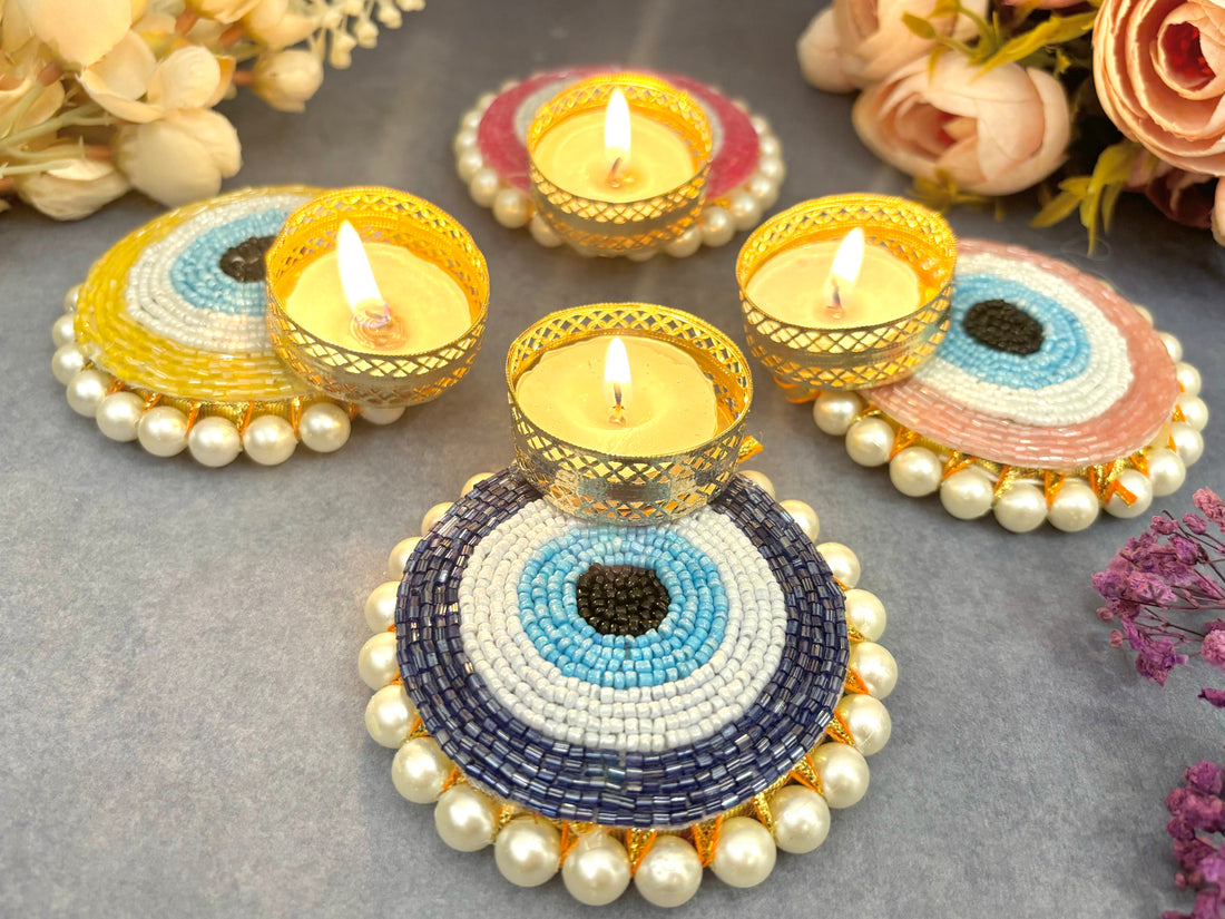 Handmade Evil Eye Pearl Tealight Holders (Pack of 5) - Multi-Color with 5 Free Wax Candles | Perfect for Janmashtami & Laddu Gopal Dress Decor