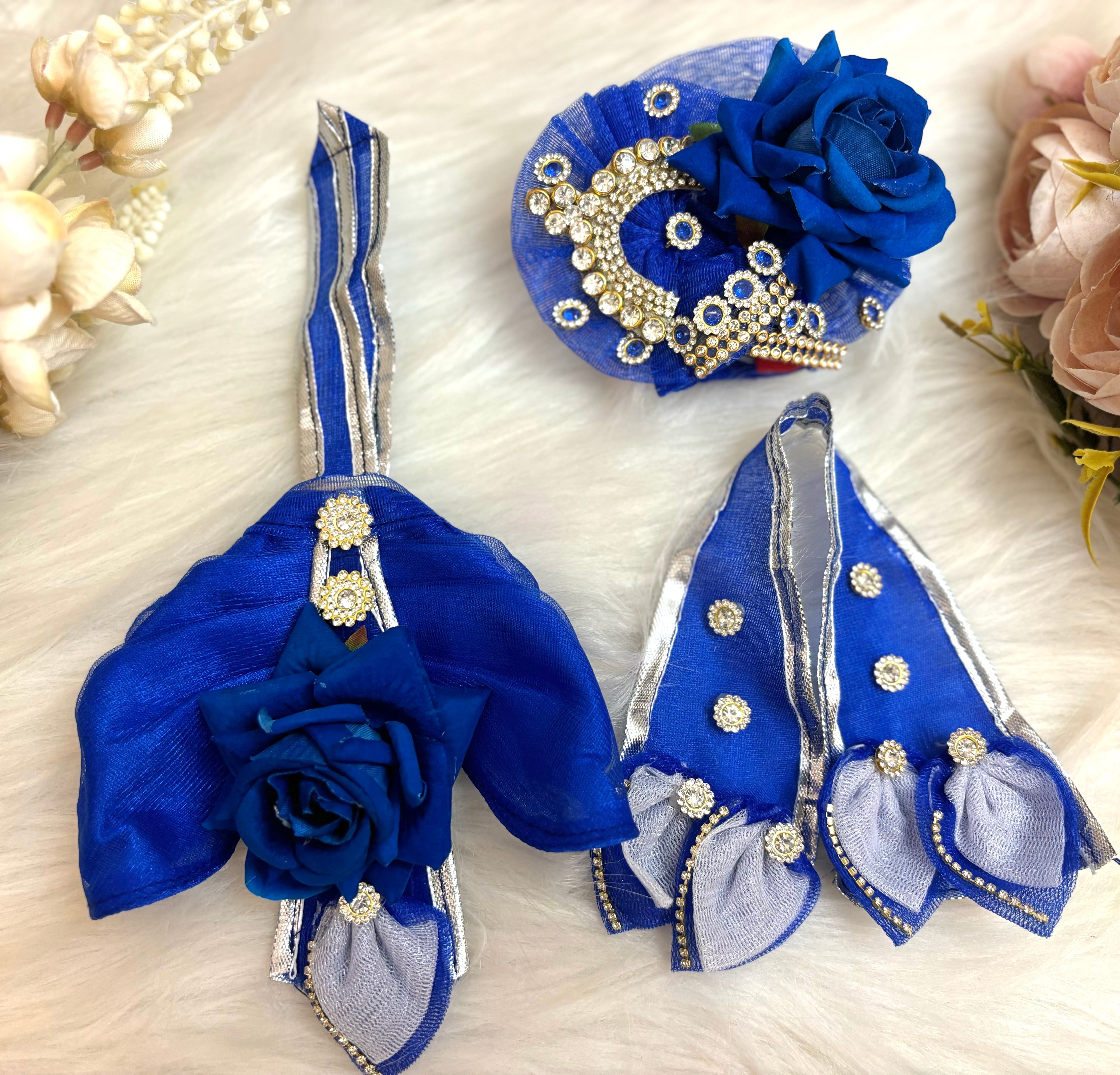 Handmade Designer Blue Rose Lehenga & Dhoti Set - 7 Piece Laddu Gopal Dress for Janmashtami | Kanha Ji Poshak & Bal Gopal Dress
