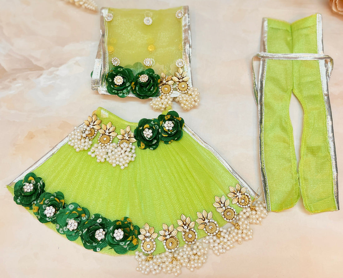 Handmade Mata Rani Green Pearl Lehenga Set - 3 Piece Choli & Dupatta for Laddu Gopal Dress, Kanha Ji Poshak, Bal Gopal & Krishna Ji Dress - Perfect for Janmashtami Festival