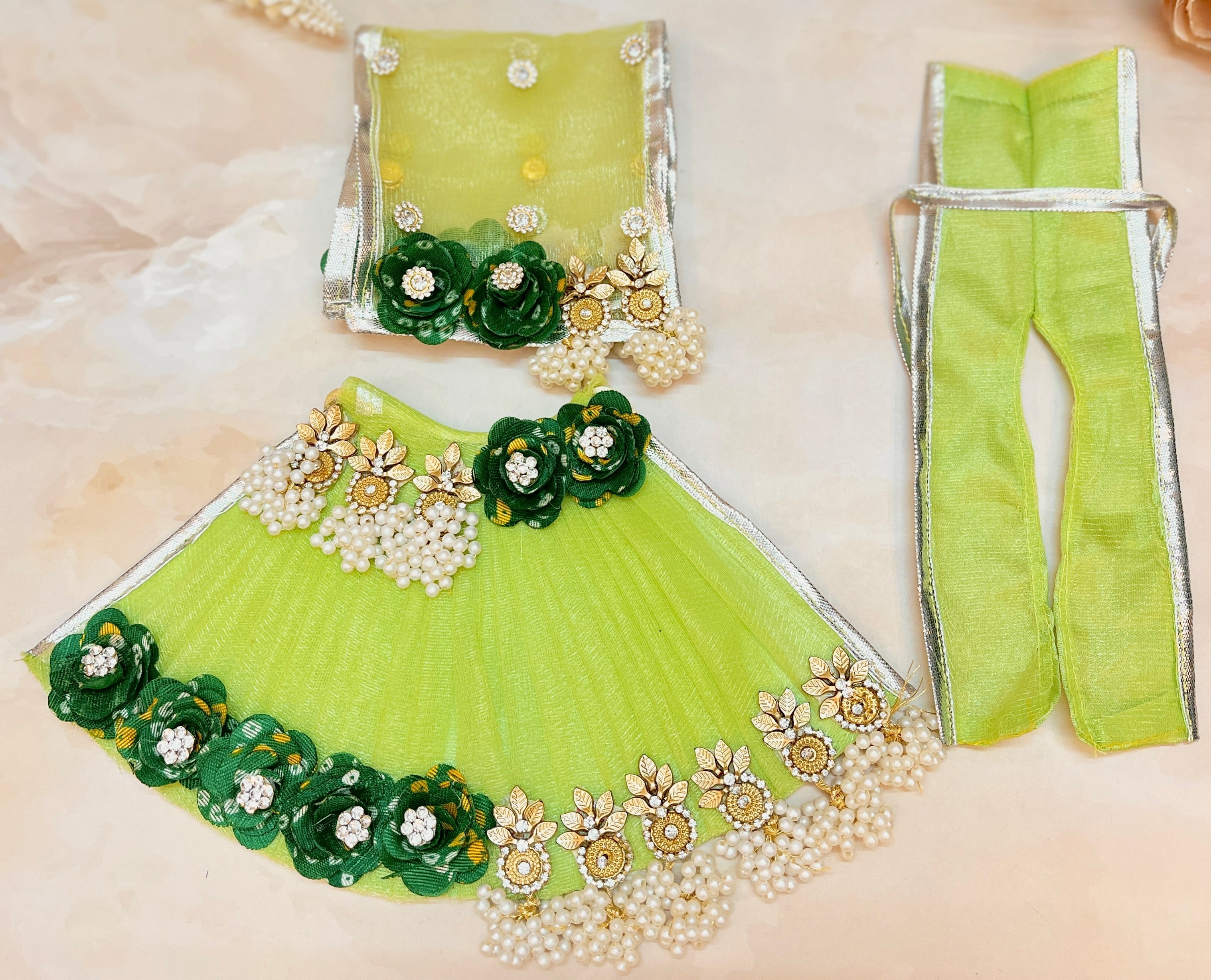 Handmade Mata Rani Green Pearl Lehenga Set - 3 Piece Choli & Dupatta for Laddu Gopal Dress, Kanha Ji Poshak, Bal Gopal & Krishna Ji Dress - Perfect for Janmashtami Festival