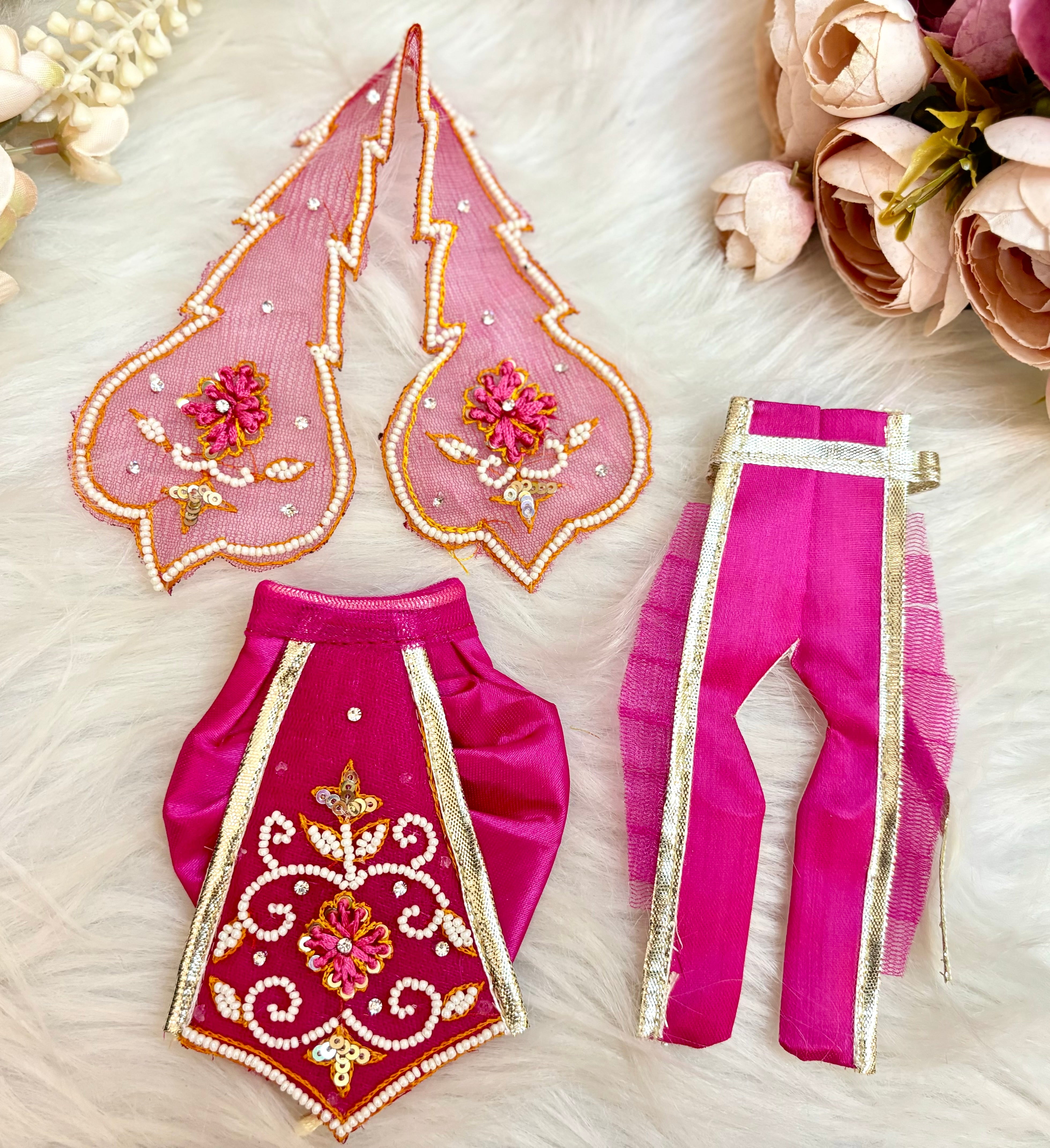 Handmade Luxe Magenta Pearl Lehenga & Dhoti Set - 6 Piece Designer Dress for Laddu Gopal, Kanha Ji, Bal Gopal & Krishna Ji - Perfect for Janmashtami Festival