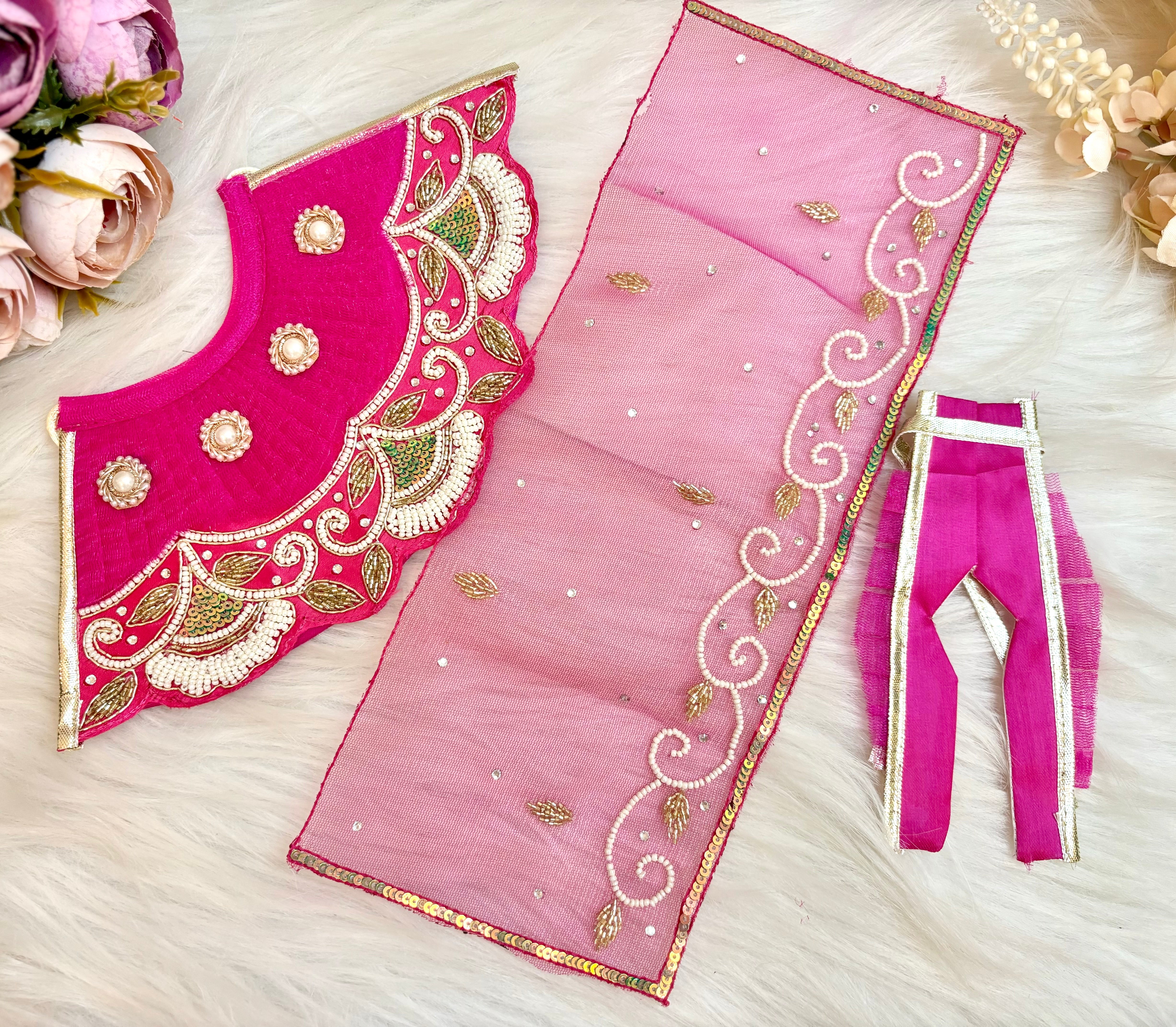 Designer Pink Pearl & Sequence Lehenga & Dhoti Set for Laddu Gopal - 6 Piece Kanha Ji Poshak, Bal Gopal Dress for Janmashtami Festival