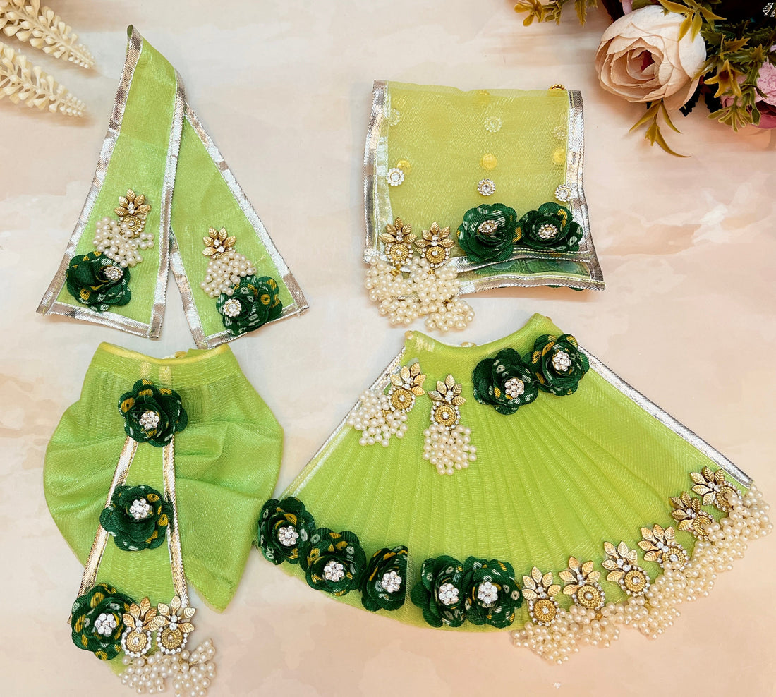 Handmade Green Pearl Lehenga & Dhoti Set for Laddu Gopal - 7 Piece Designer Dress for Janmashtami, Kanha Ji Poshak, Bal Gopal Dress