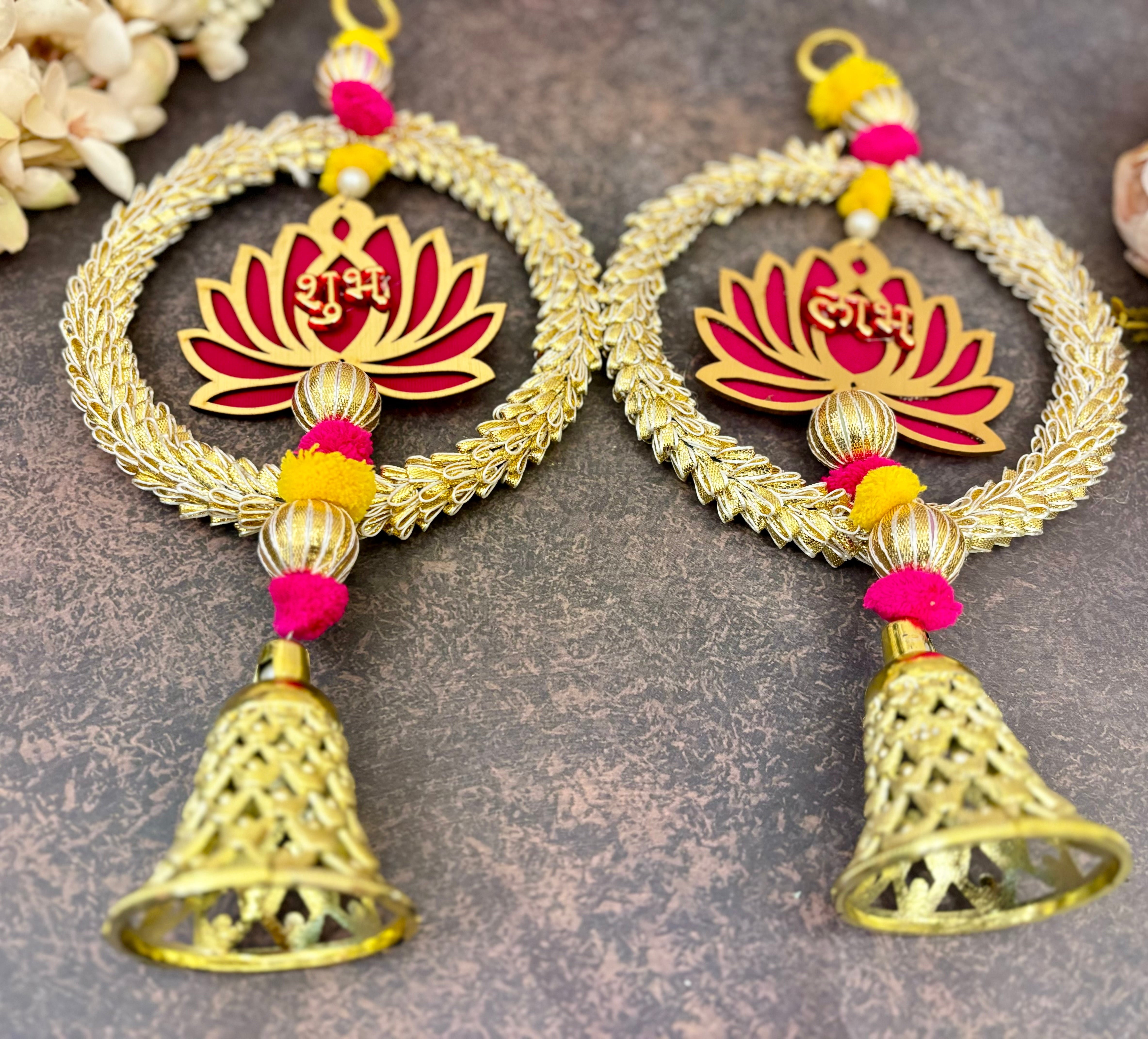 Handmade Pink Lotus Shubh Labh Hanging - Designer Laddu Gopal Dress, Kanha Ji Poshak, Bal Gopal Dress for Janmashtami Festival