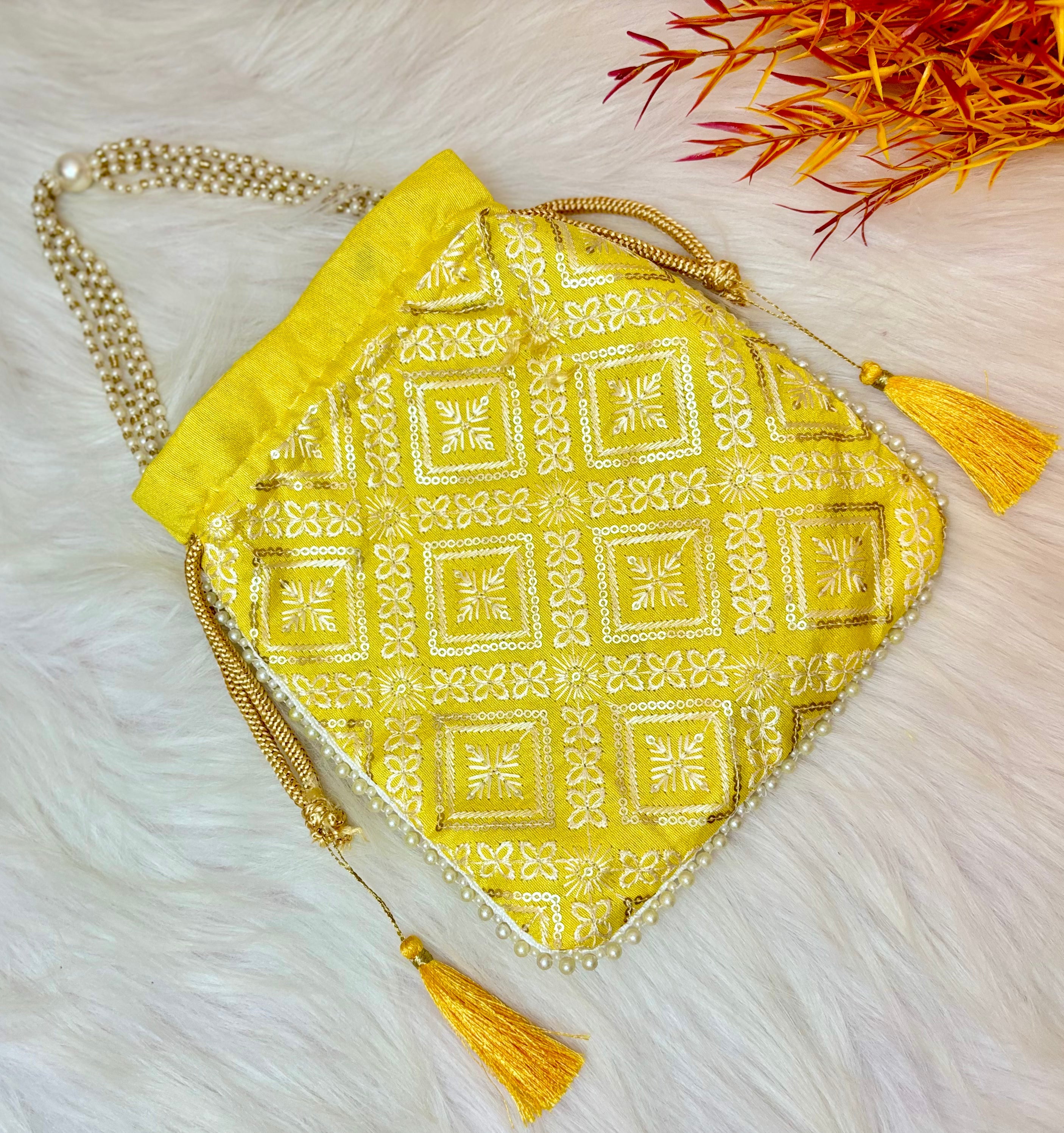 Handmade Yellow Lucknowi Potli with Pearl Handle - Designer Laddu Gopal Dress, Kanha Ji Poshak, Bal Gopal Dress for Janmashtami Festival