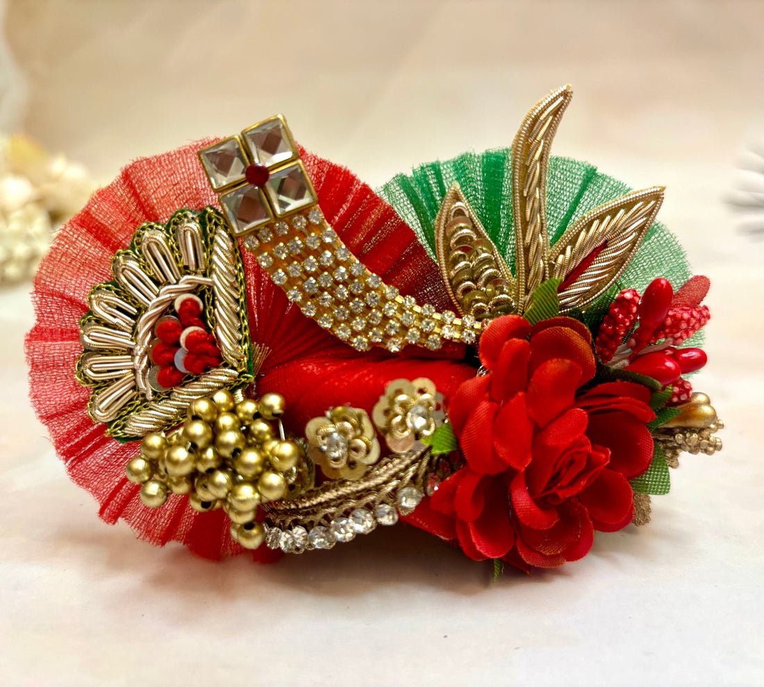 Handmade Luxe Green & Red Laddu Gopal Dress Set - 4 Piece Designer Poshak for Kanha Ji & Bal Gopal - Perfect for Janmashtami Festival