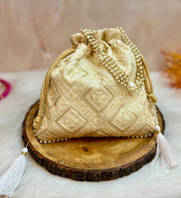 Handmade Cream Lucknowi Potli with Pearl Handle - Designer Laddu Gopal Dress, Kanha Ji Poshak for Janmashtami, Bal Gopal & Krishna Ji Dress