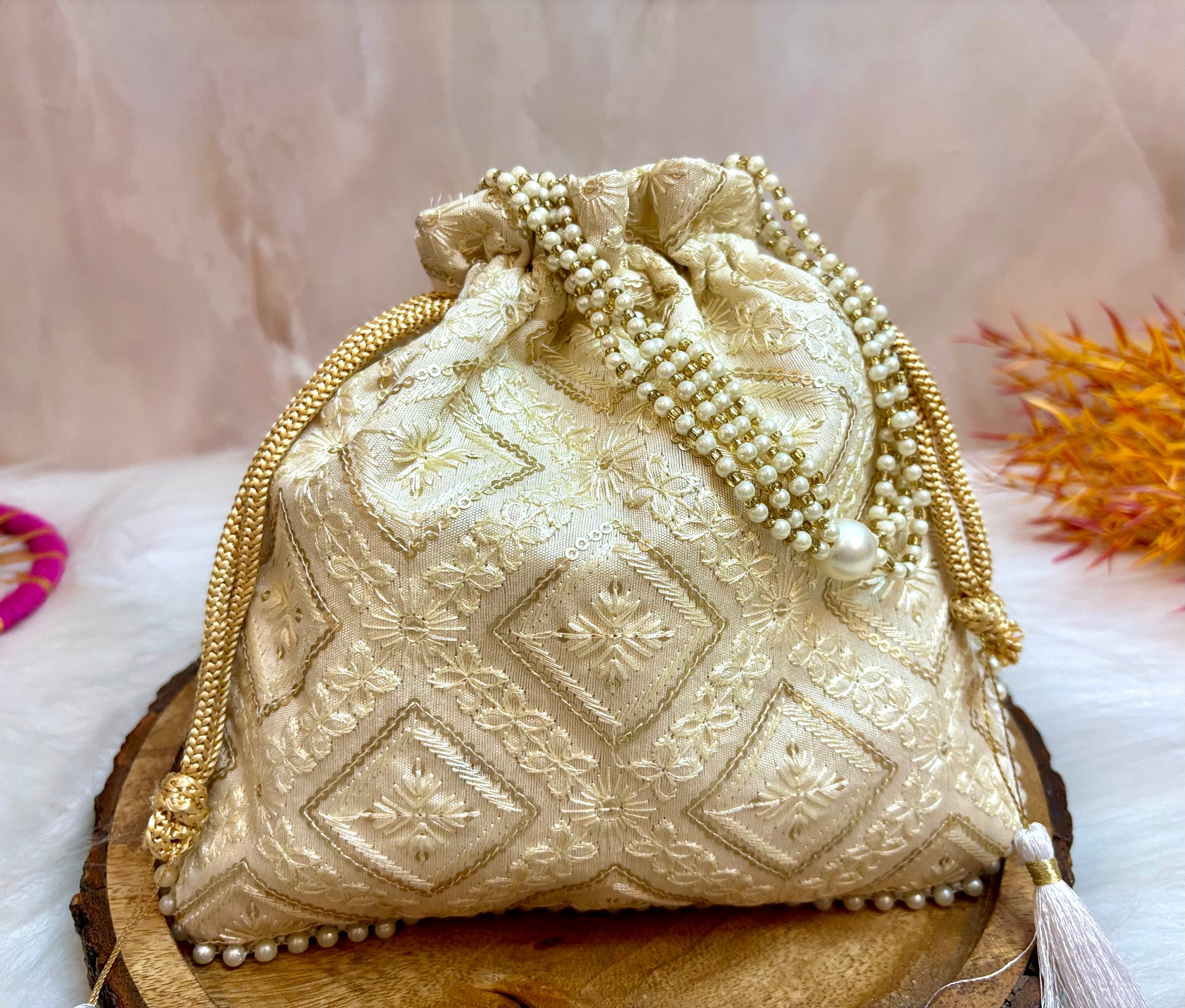 Handmade Cream Lucknowi Potli with Pearl Handle - Designer Laddu Gopal Dress, Kanha Ji Poshak for Janmashtami, Bal Gopal & Krishna Ji Dress