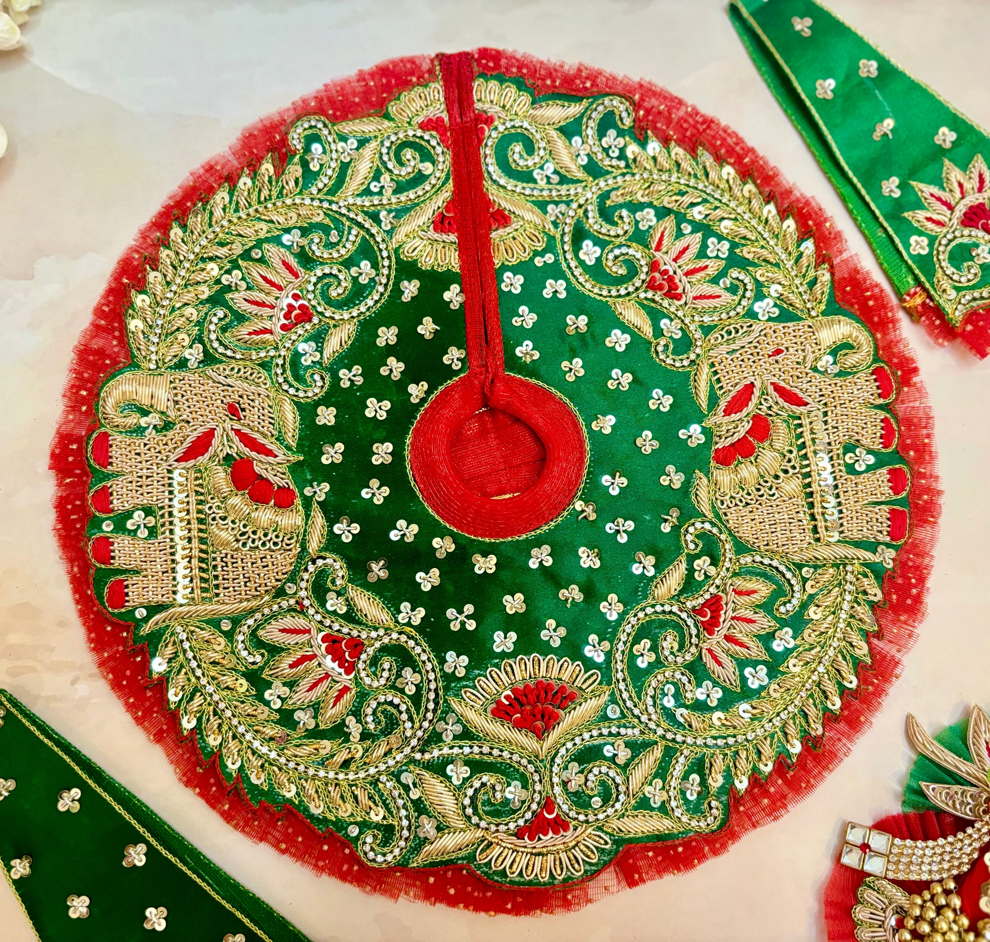 Handmade Luxe Green & Red Designer Laddu Gopal Dress Set - 4 Piece Kanha Ji Poshak for Janmashtami, Fancy Bal Gopal & Krishna Ji Dress