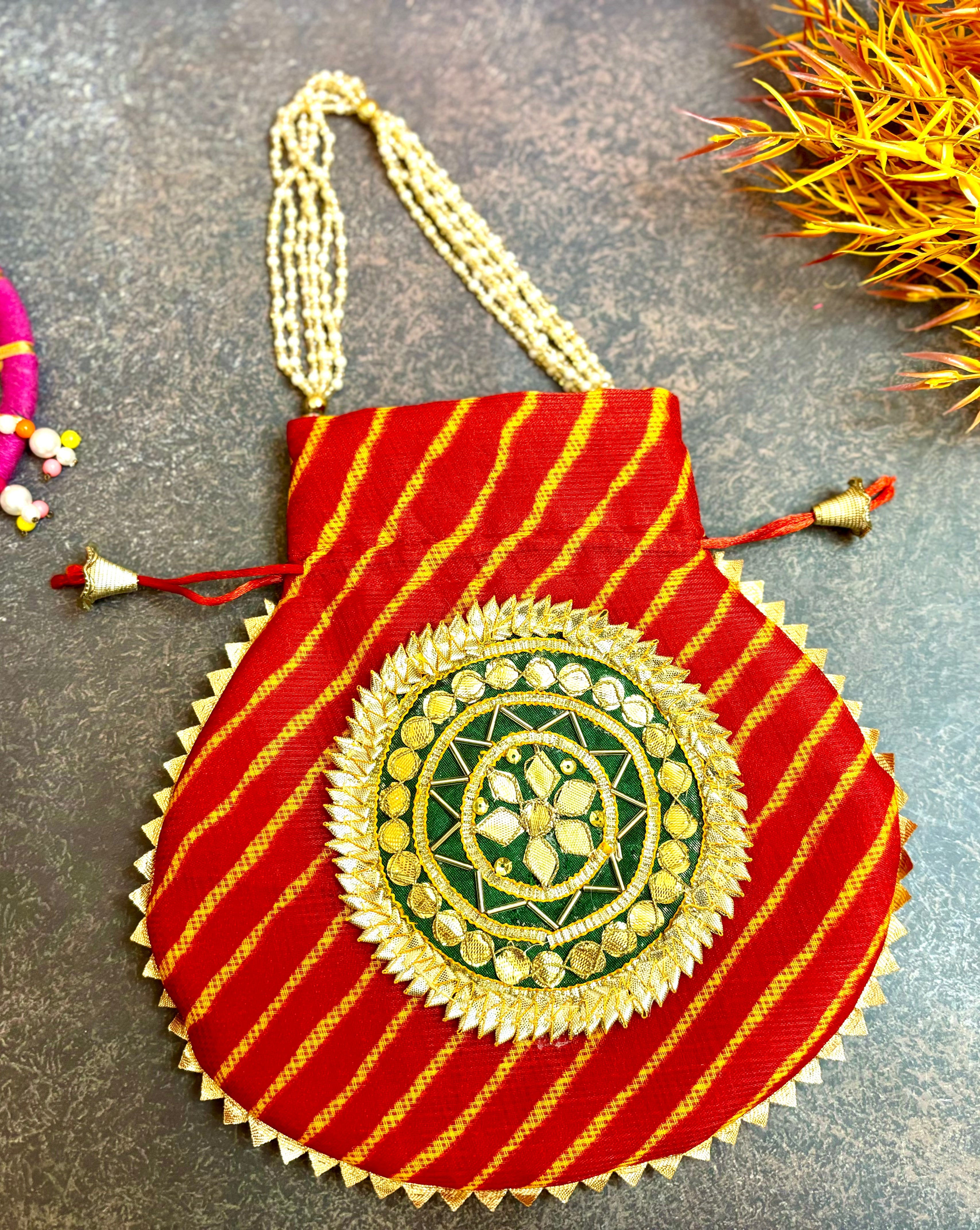Handmade Red Kota Doriya Potli with Pearl Handle - Designer Laddu Gopal Dress, Kanha Ji Poshak, Bal Gopal Dress for Janmashtami Festival