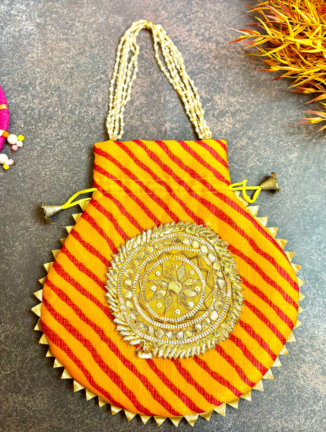 Handmade Mustard Yellow Kota Doriya Potli with Pearl Handle - Designer Laddu Gopal Dress, Kanha Ji Poshak for Janmashtami Festival