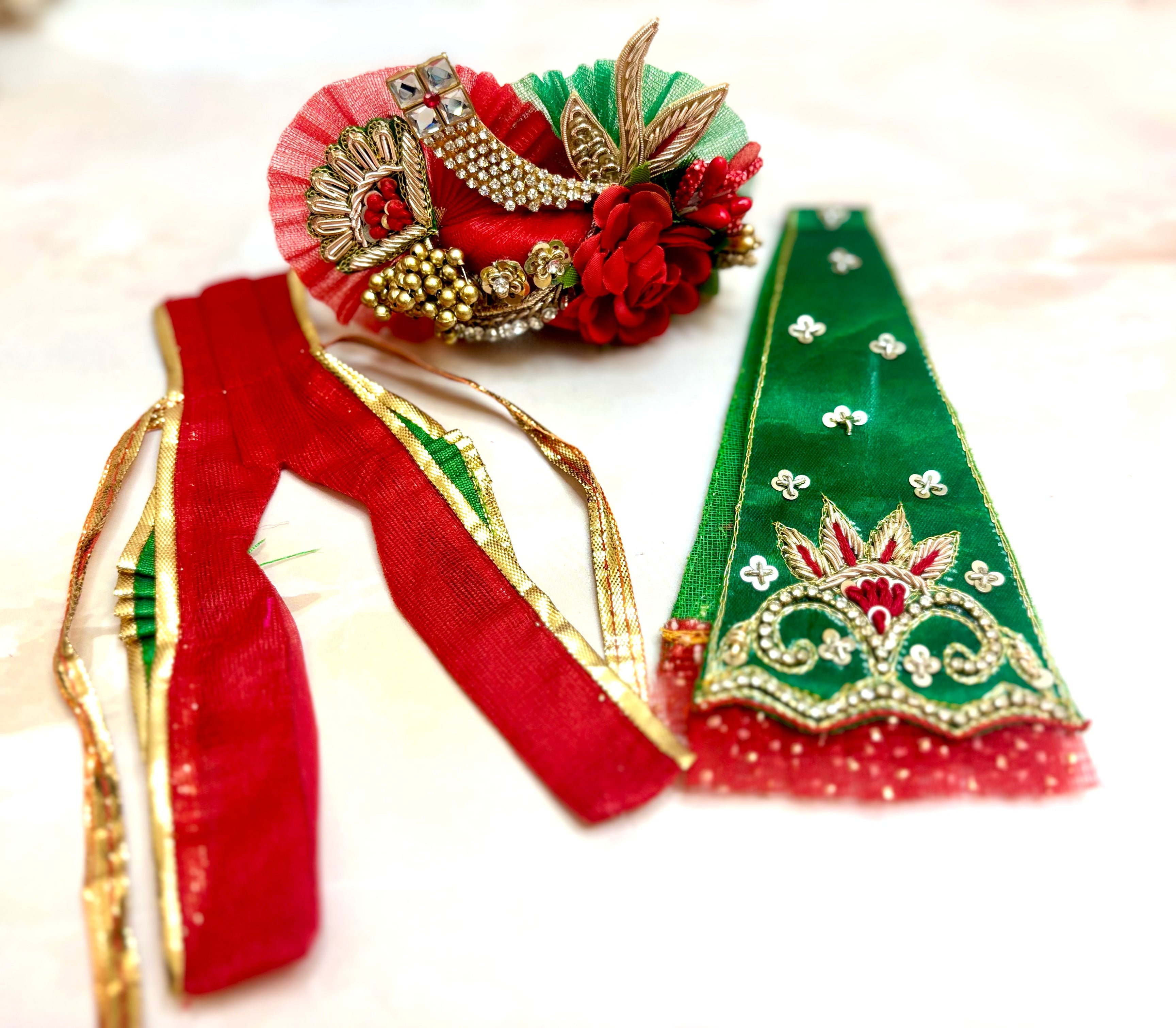 Handmade Luxe Green & Red Designer Laddu Gopal Dress Set - 4 Piece Kanha Ji Poshak for Janmashtami, Fancy Bal Gopal & Krishna Ji Dress