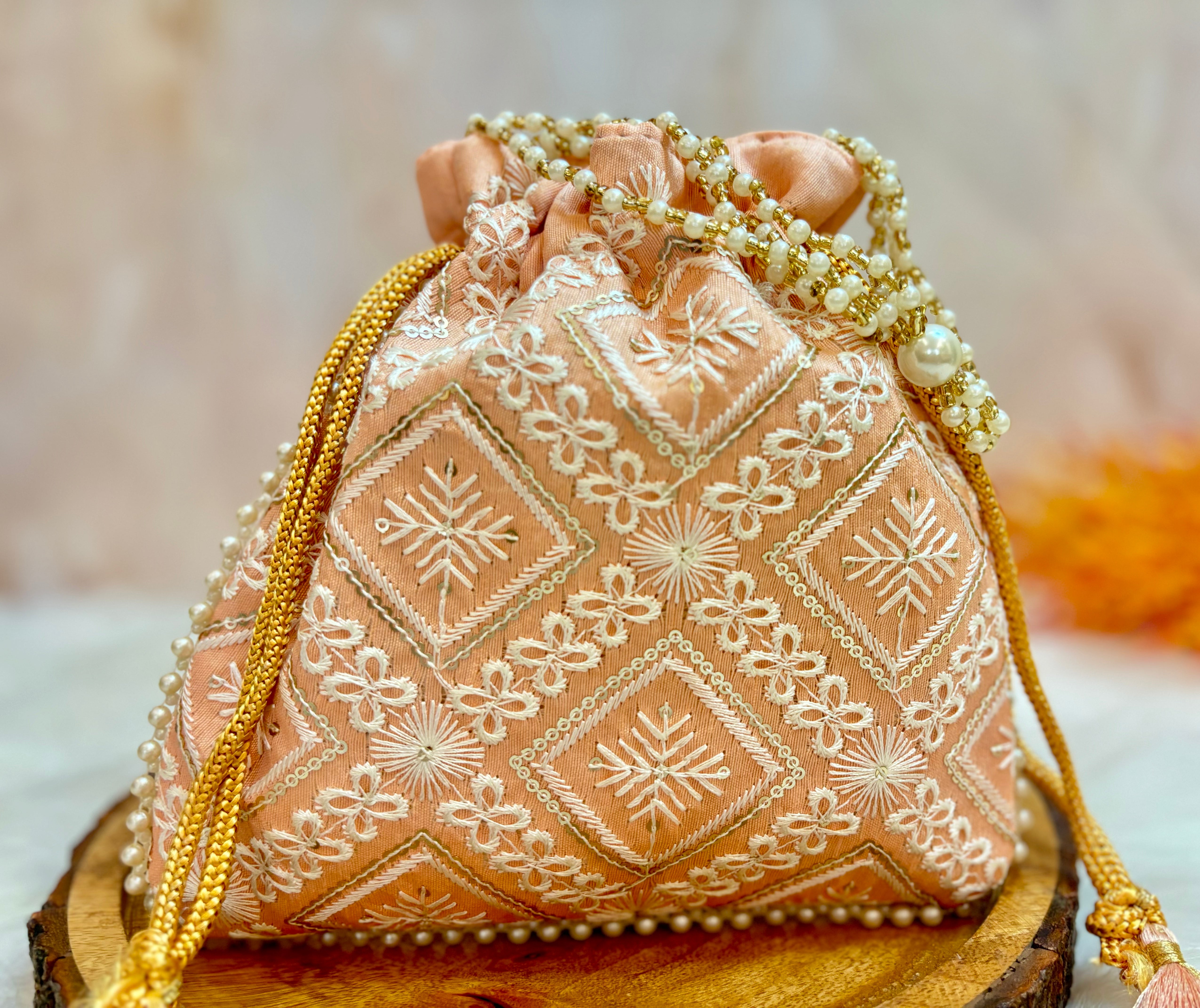 Handmade Pastel Peach Lucknowi Potli with Pearl Handle - Perfect for Laddu Gopal Dress, Kanha Ji Poshak, and Janmashtami Celebrations