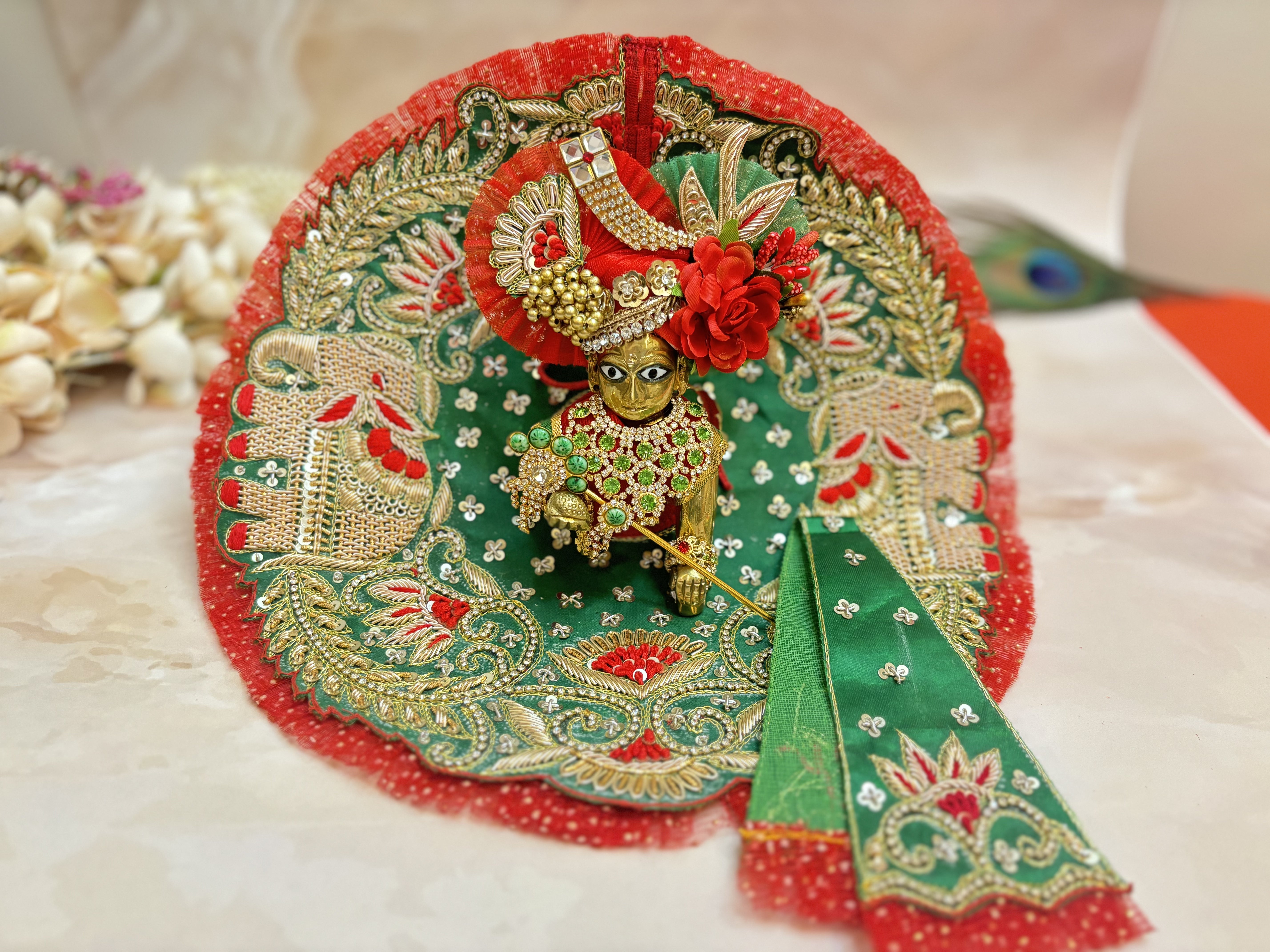 Handmade Luxe Green & Red Designer Laddu Gopal Dress Set - 4 Piece Kanha Ji Poshak for Janmashtami, Fancy Bal Gopal & Krishna Ji Dress