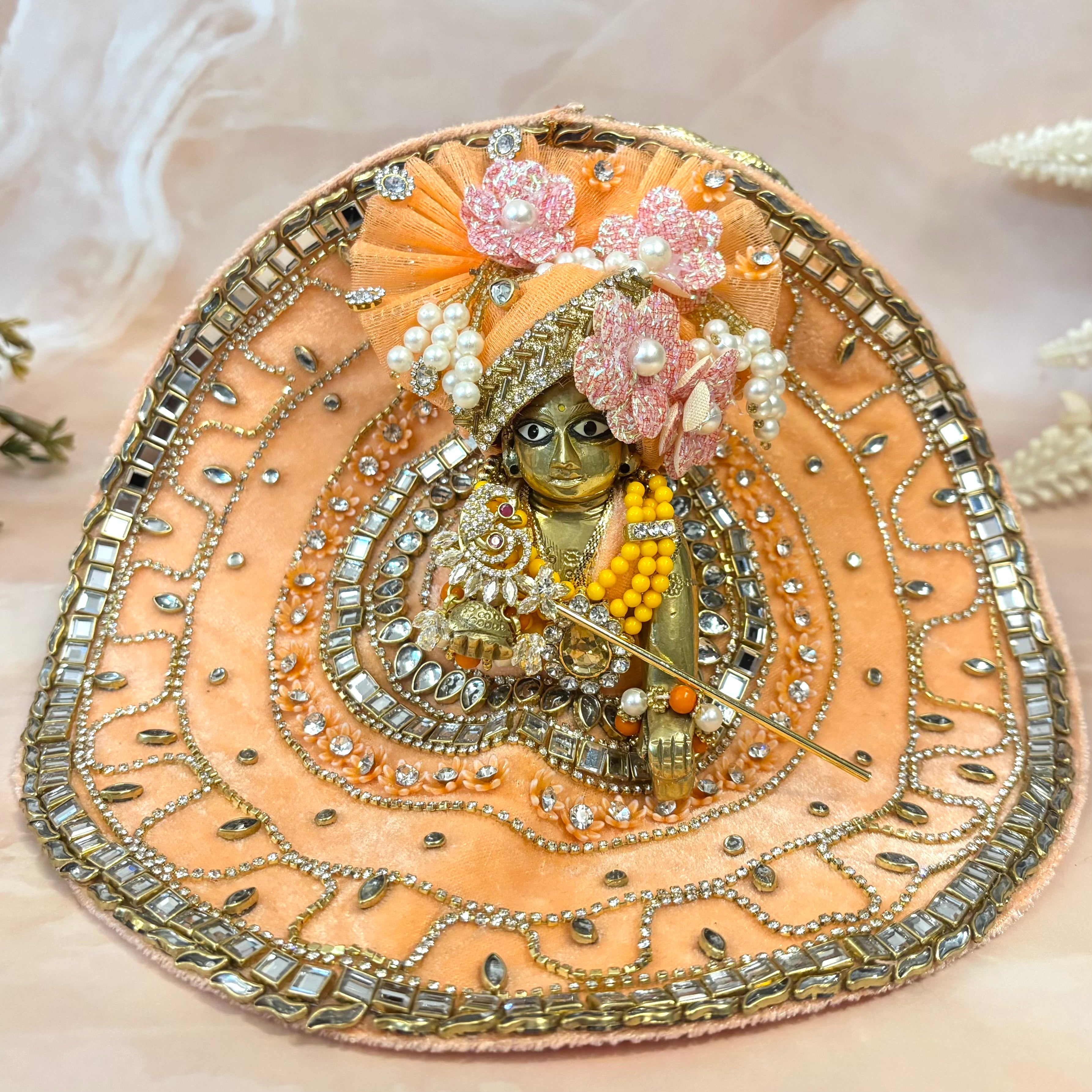 Handmade Peach Velvet Laddu Gopal Dress - Designer Kanha Ji Poshak, Fancy Bal Gopal Dress for Janmashtami Celebrations