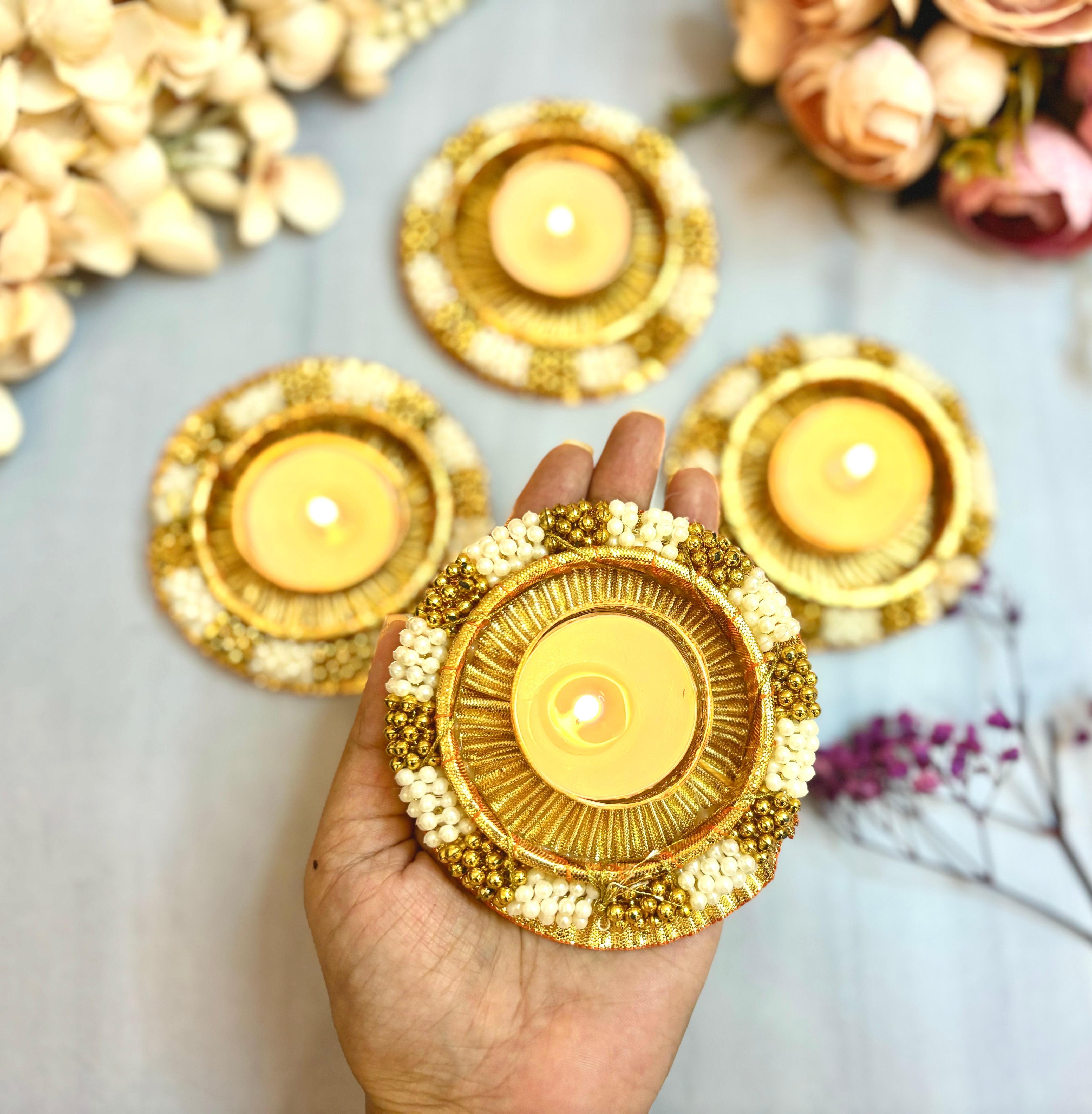 Handmade Golden Pearl Tealight Holders - Set of 4 for Janmashtami Celebrations | Perfect for Laddu Gopal Dress, Kanha Ji Poshak & Bal Gopal Decor