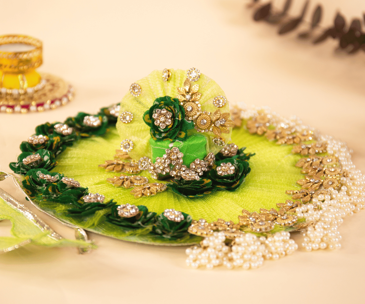 Handmade Green Motif Laddu Gopal Dress with Pearls - Designer Kanha Ji Poshak for Janmashtami, Fancy Bal Gopal & Krishna Ji Dress