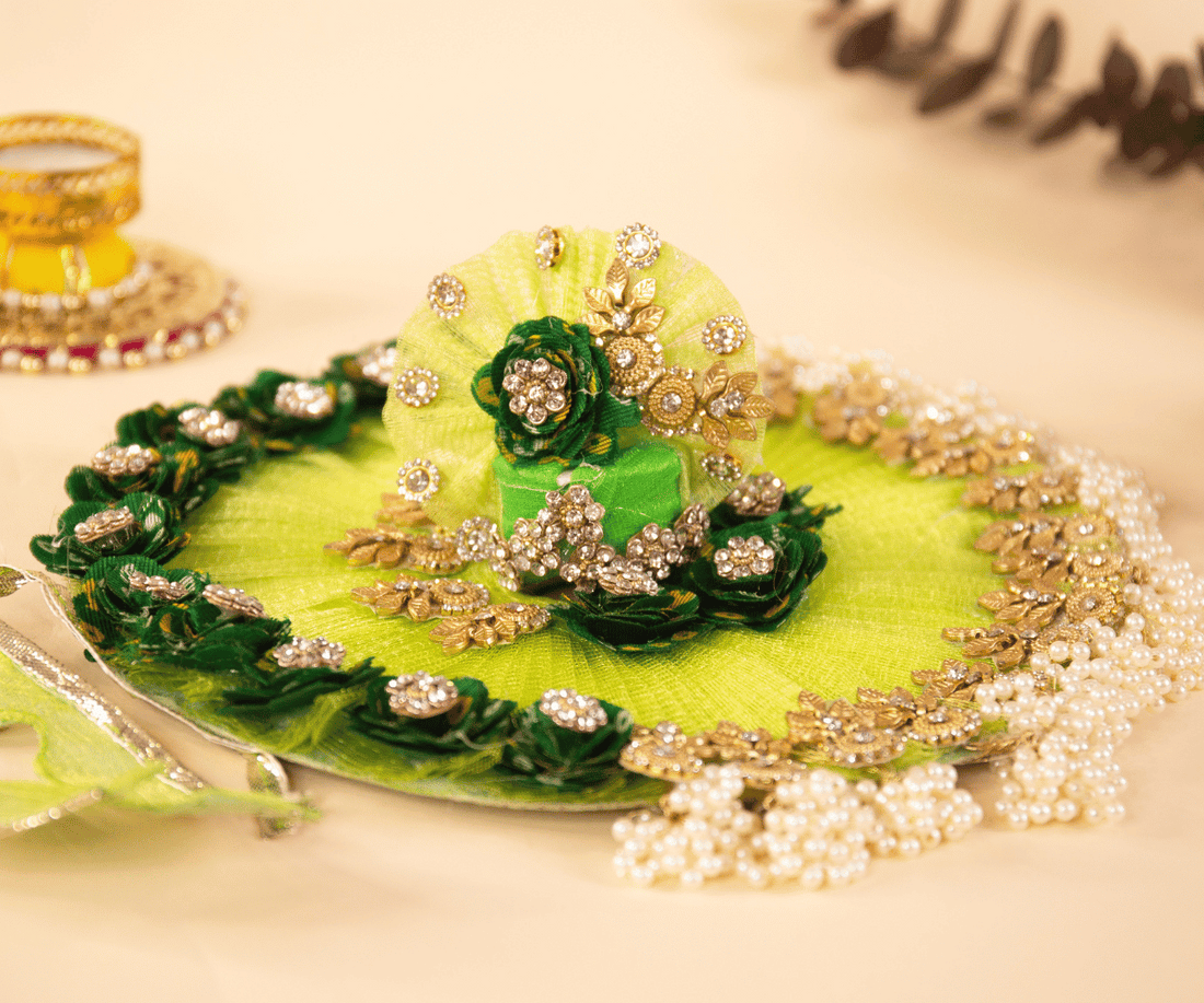 Handmade Green Motif Laddu Gopal Dress with Pearls | Designer Kanha Ji Poshak for Janmashtami | Fancy Bal Gopal & Krishna Ji Dress