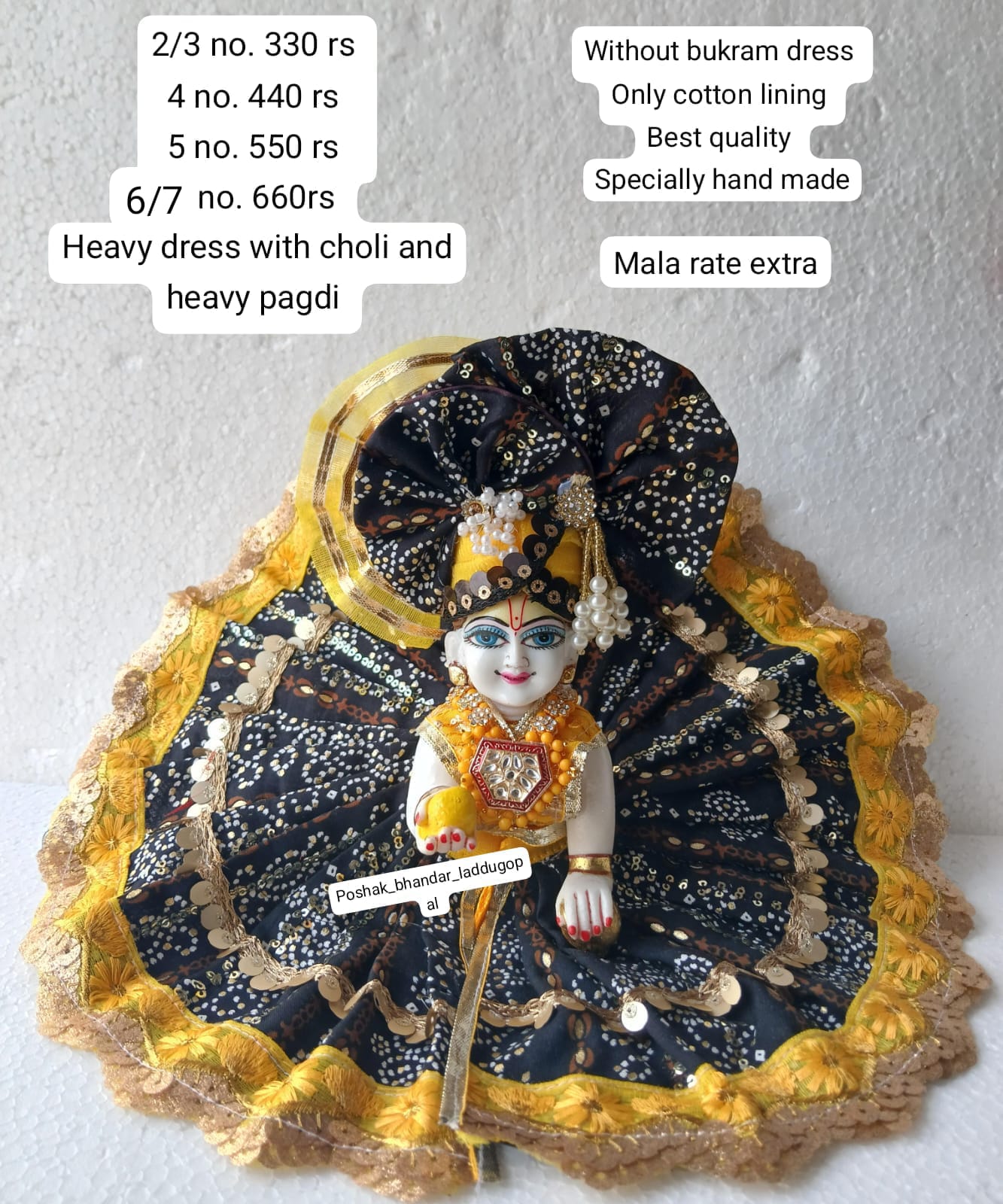 Handmade Black Bandhini Dress with Pagdi - Designer Laddu Gopal Poshak for Janmashtami, Fancy Kanha Ji Dress, Bal Gopal & Krishna Ji Outfit