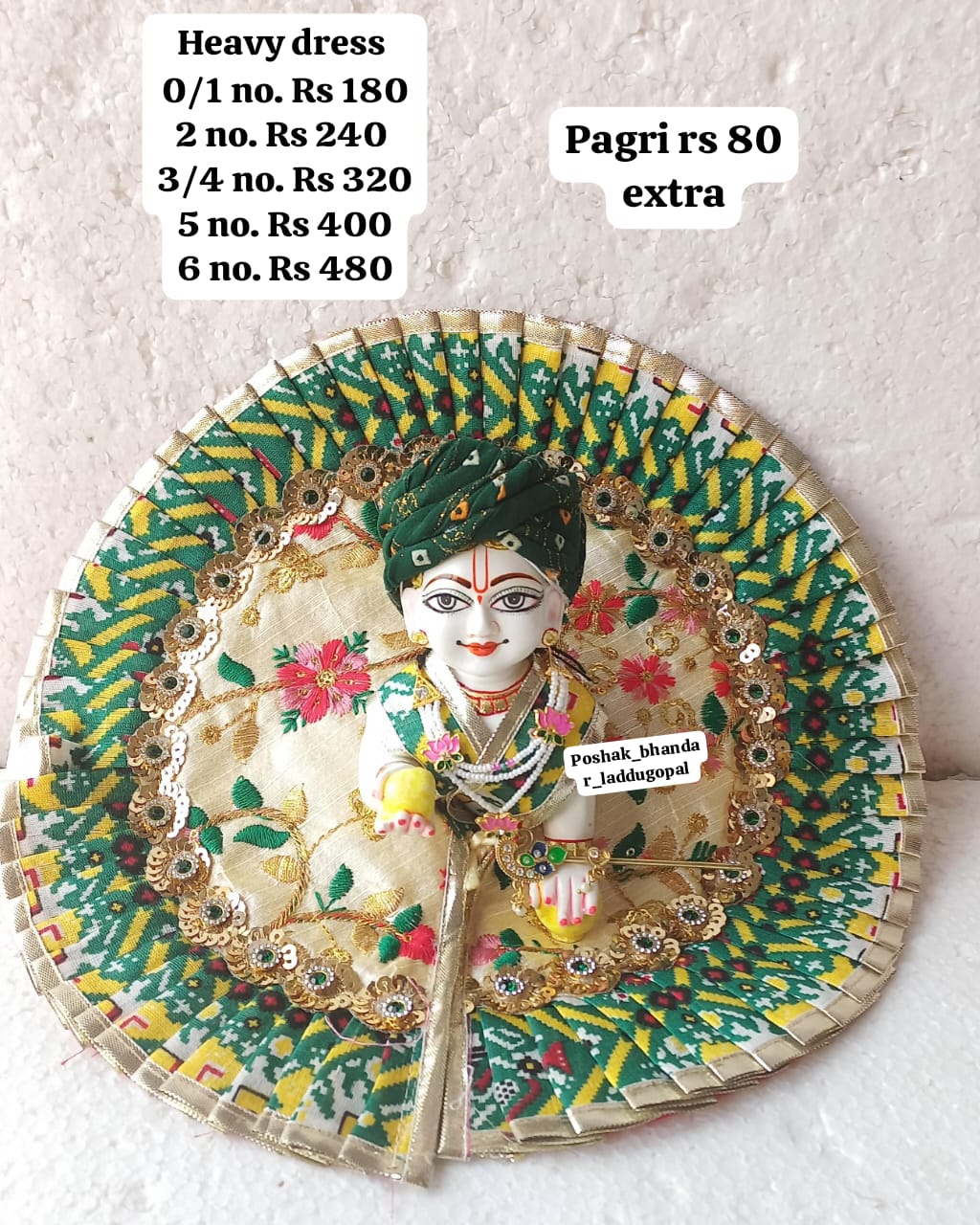 Handmade Green Embroidery Dress with Pagdi for Laddu Gopal | Designer Kanha Ji Poshak | Fancy Bal Gopal Dress for Janmashtami Celebrations