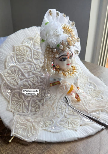 Handmade White Laddu Gopal Dress with Pagdi & Patka - Designer Kanha Ji Poshak for Janmashtami, Fancy Bal Gopal & Krishna Ji Dress